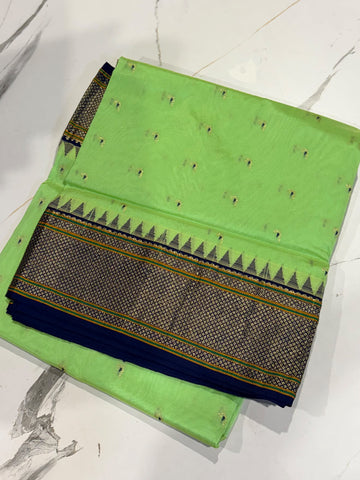 LD-N9 narayanapeta semi Pattu pista green and navy blue border muniya butta saree