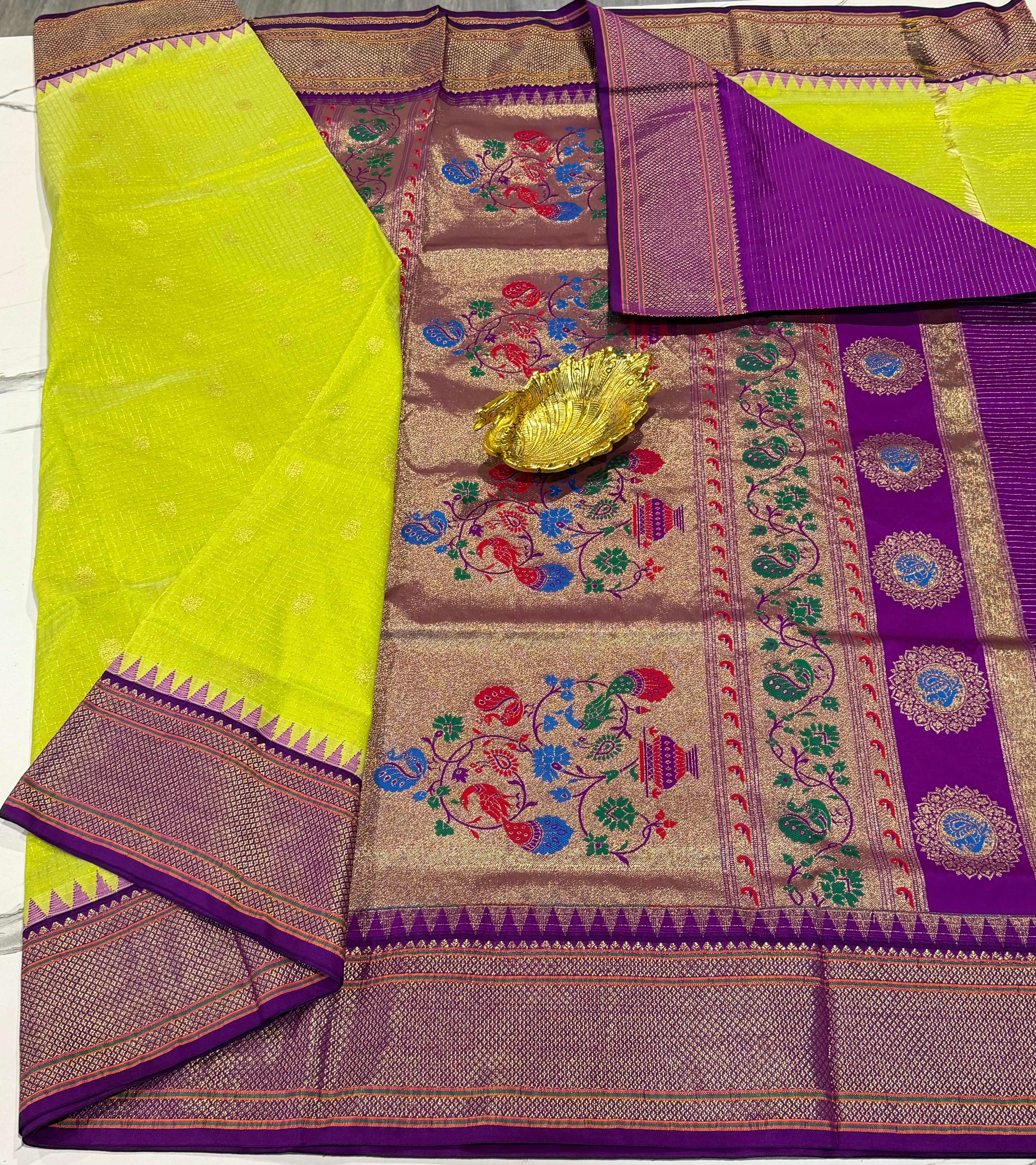 LD-SN35 
lemon yellow and purple border saree