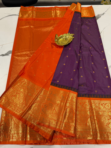 VG2 semi Gadwal  purple checks and orange saree