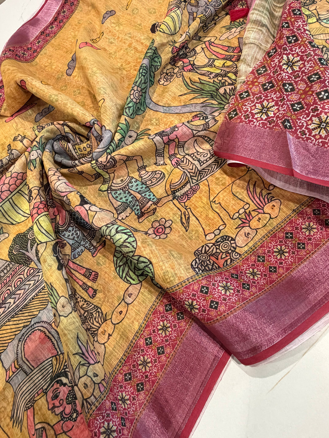 LD-L3 Linen prints lite yellow & tomato saree