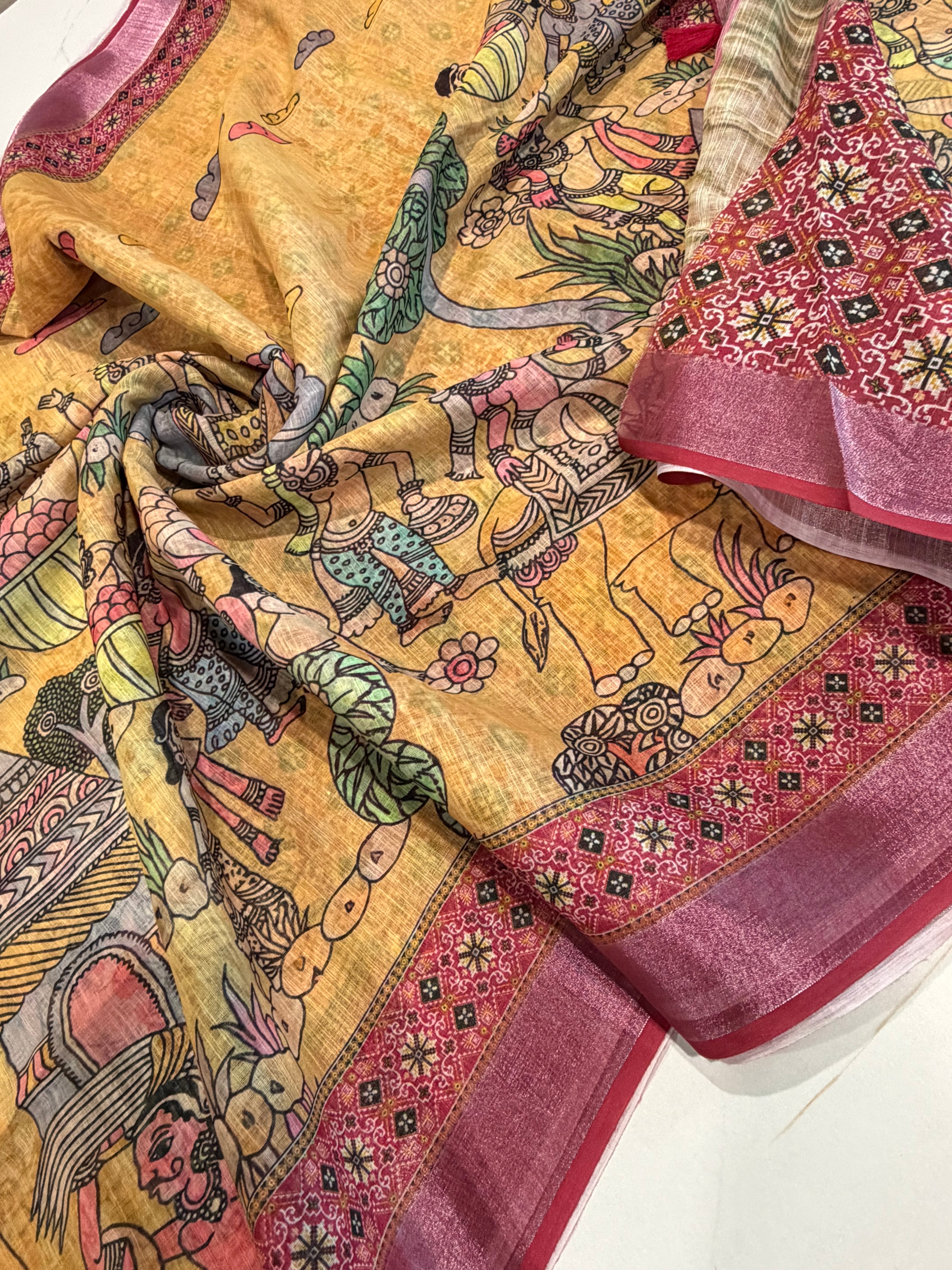 LD-L3 Linen prints lite yellow & tomato saree