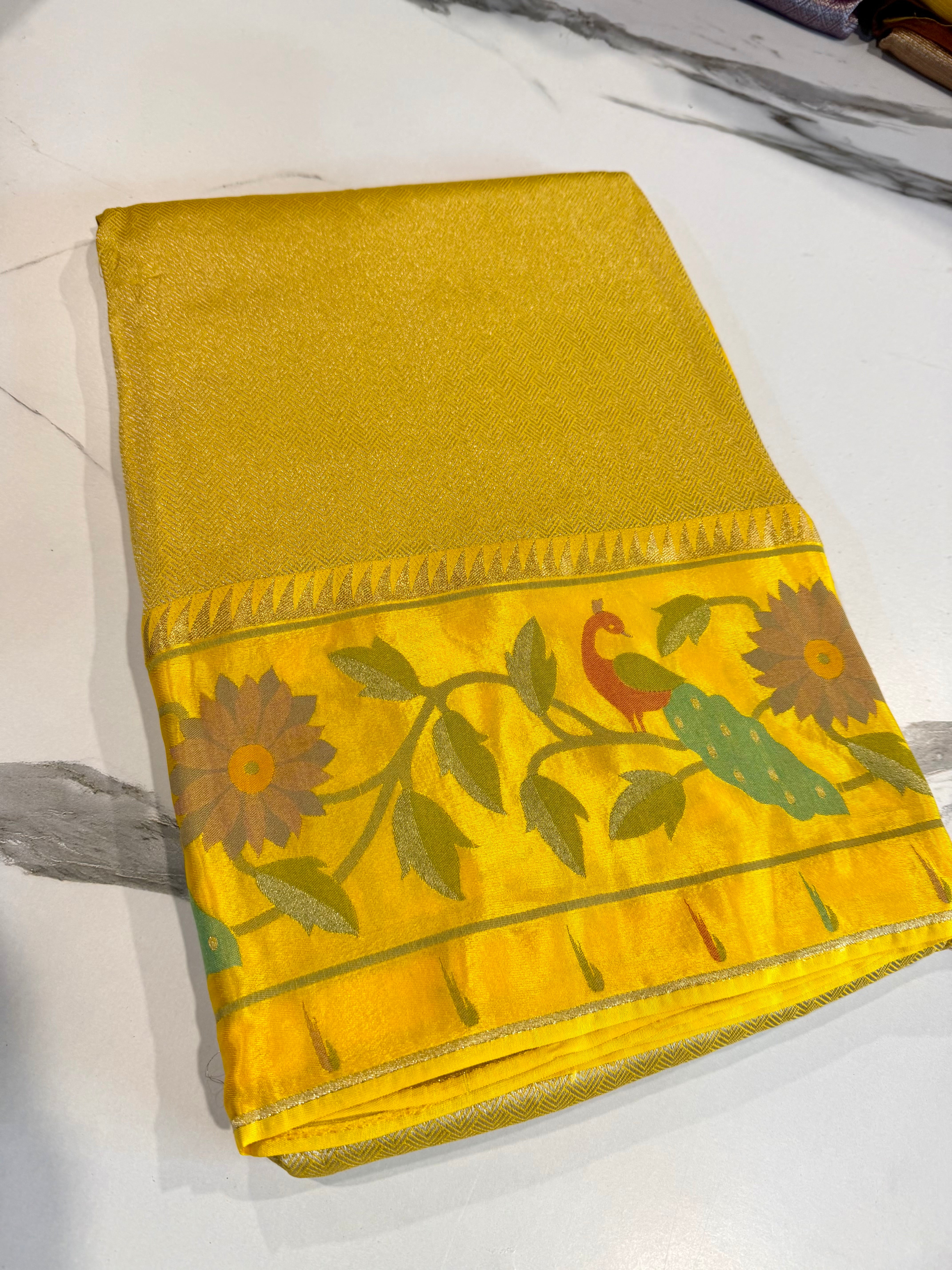 KT-53 yellow colour kanchi tissue paithani borders saree