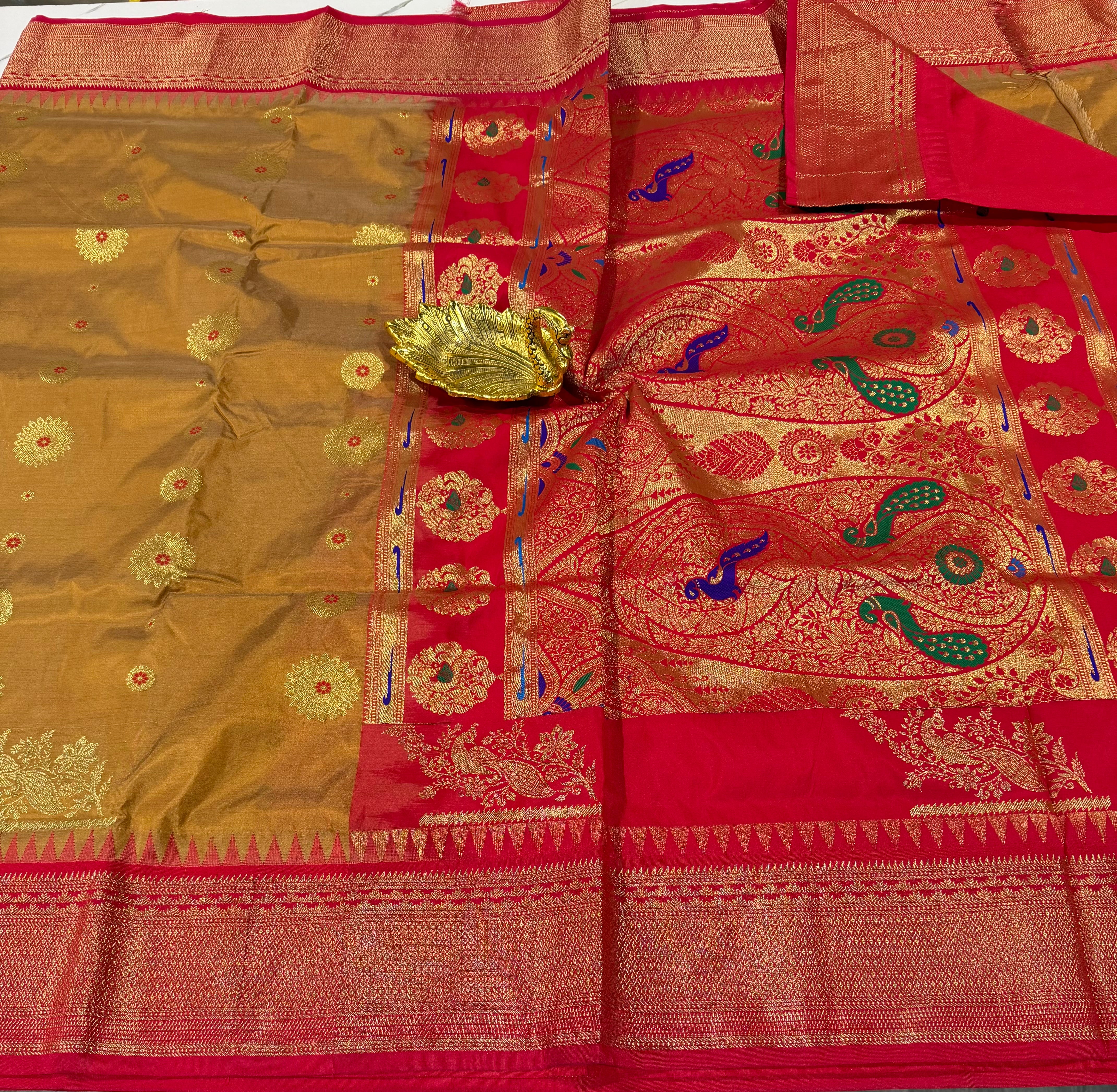 SN-35 Semi narayanpet mustard gold and red border saree