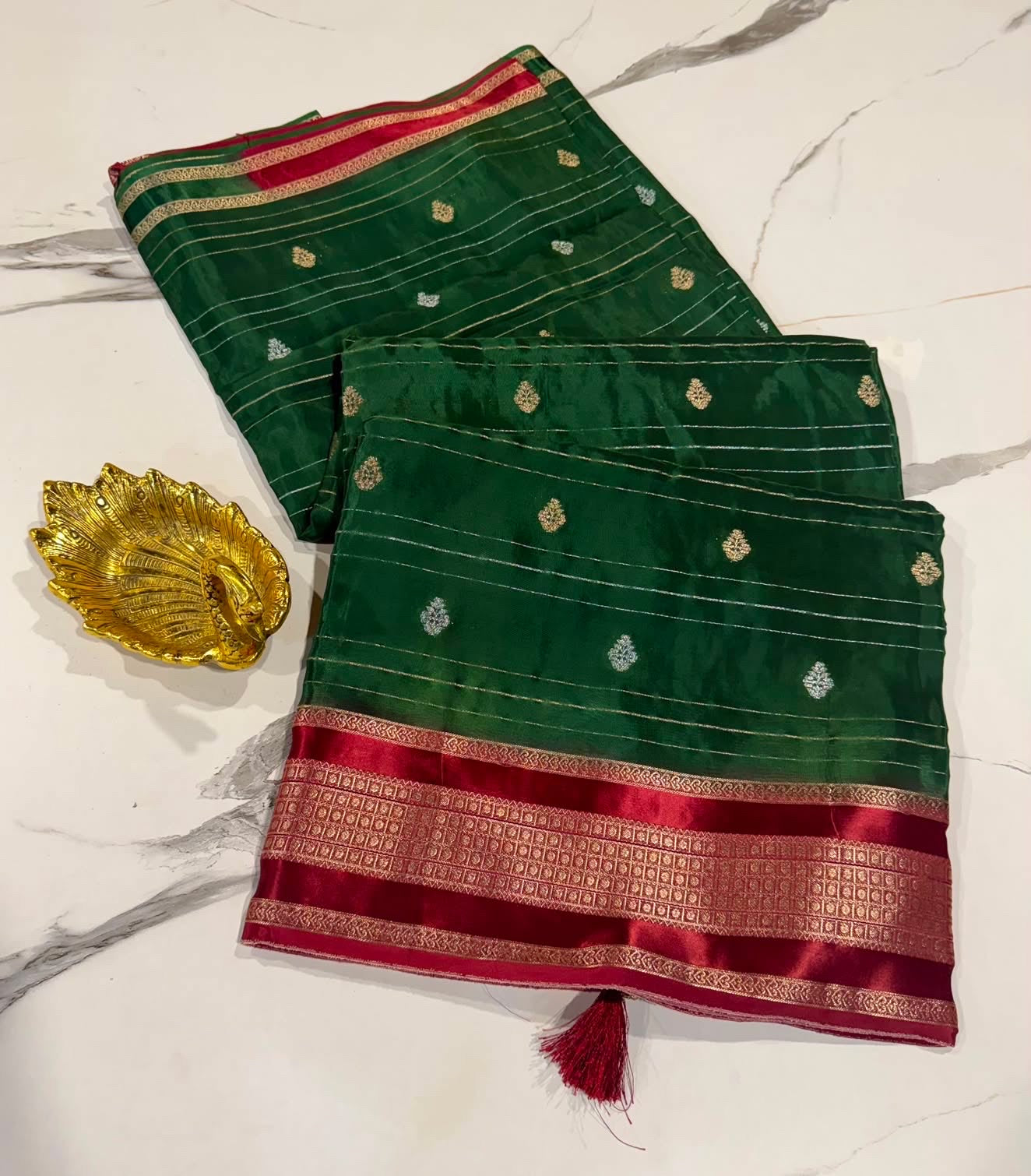 Ld-H24 Mysore semi crepe dark green n maroon