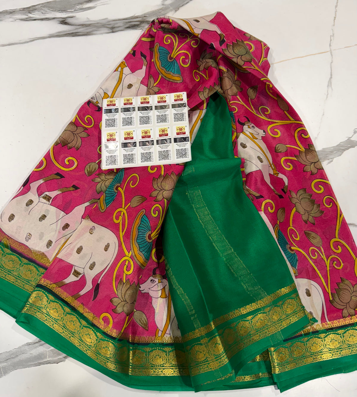 MV-6900 Pink n green colour Mysore pure crepe saree