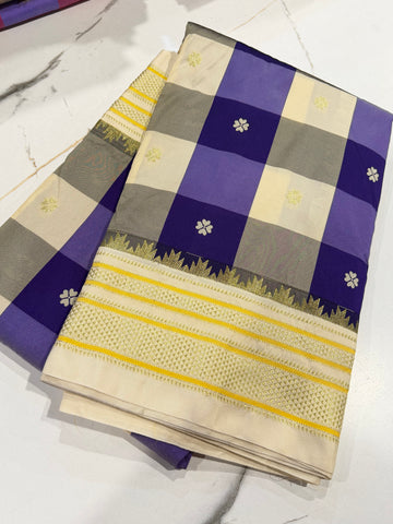 M-3450 cream n naviblue Madras checks Narayanpet saree
