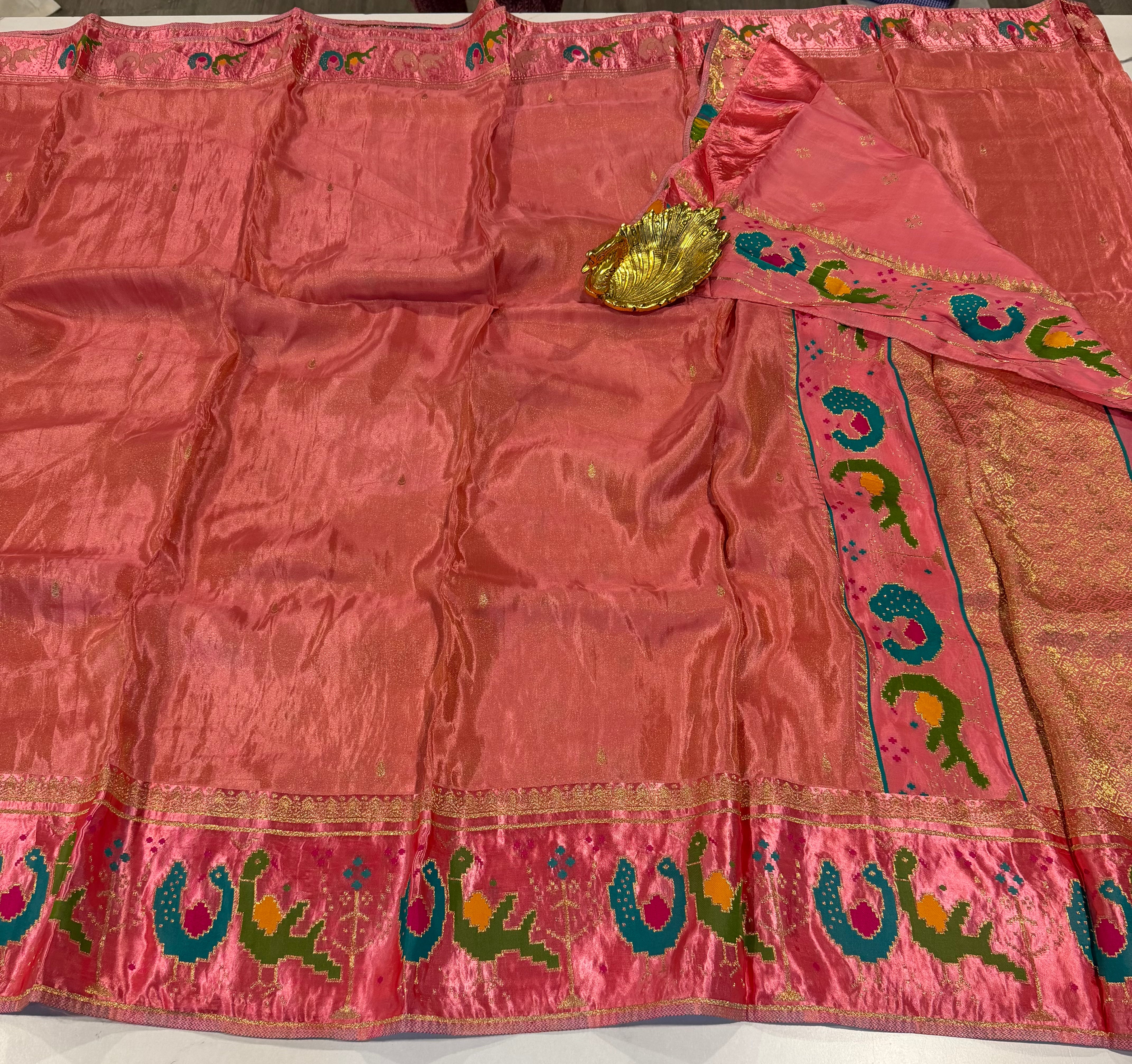 T-2998 peachish pink banaras tissue Mashru borders saree