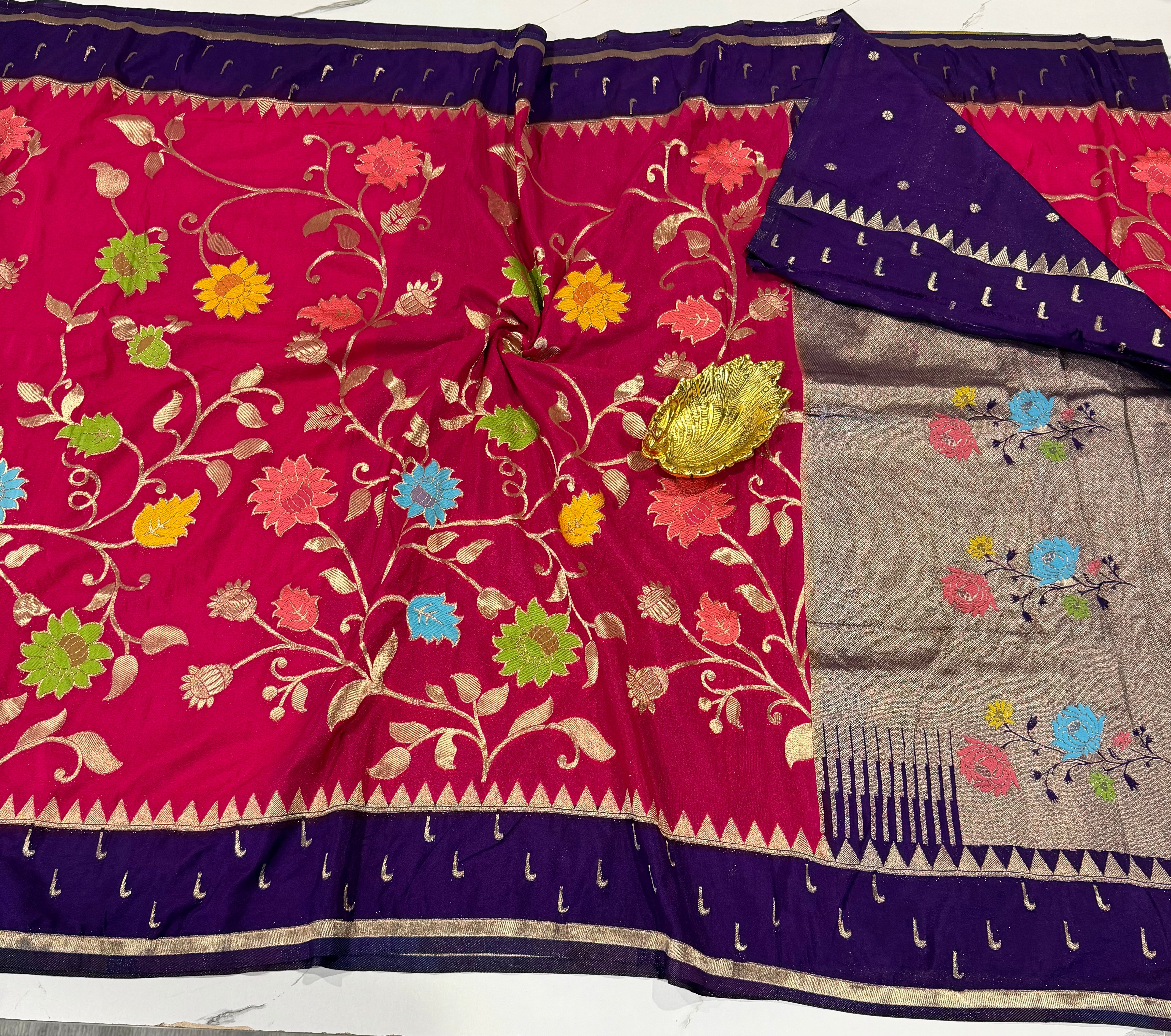 SMJ-1899 ranipink and violet border semi Georgette jamdani saree