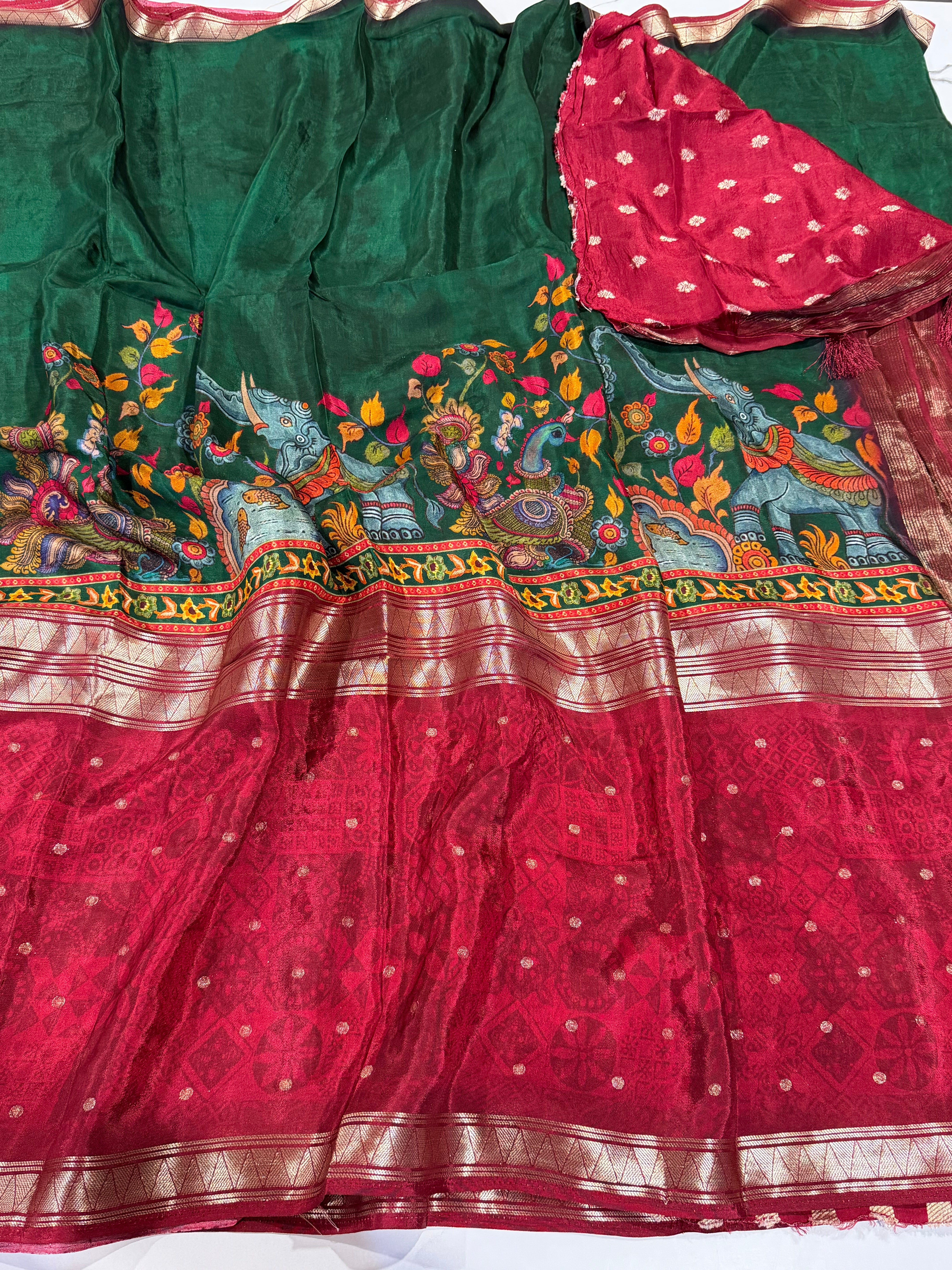 MC3299-Green n Maroon Mysore crepe semi story telling concept saree