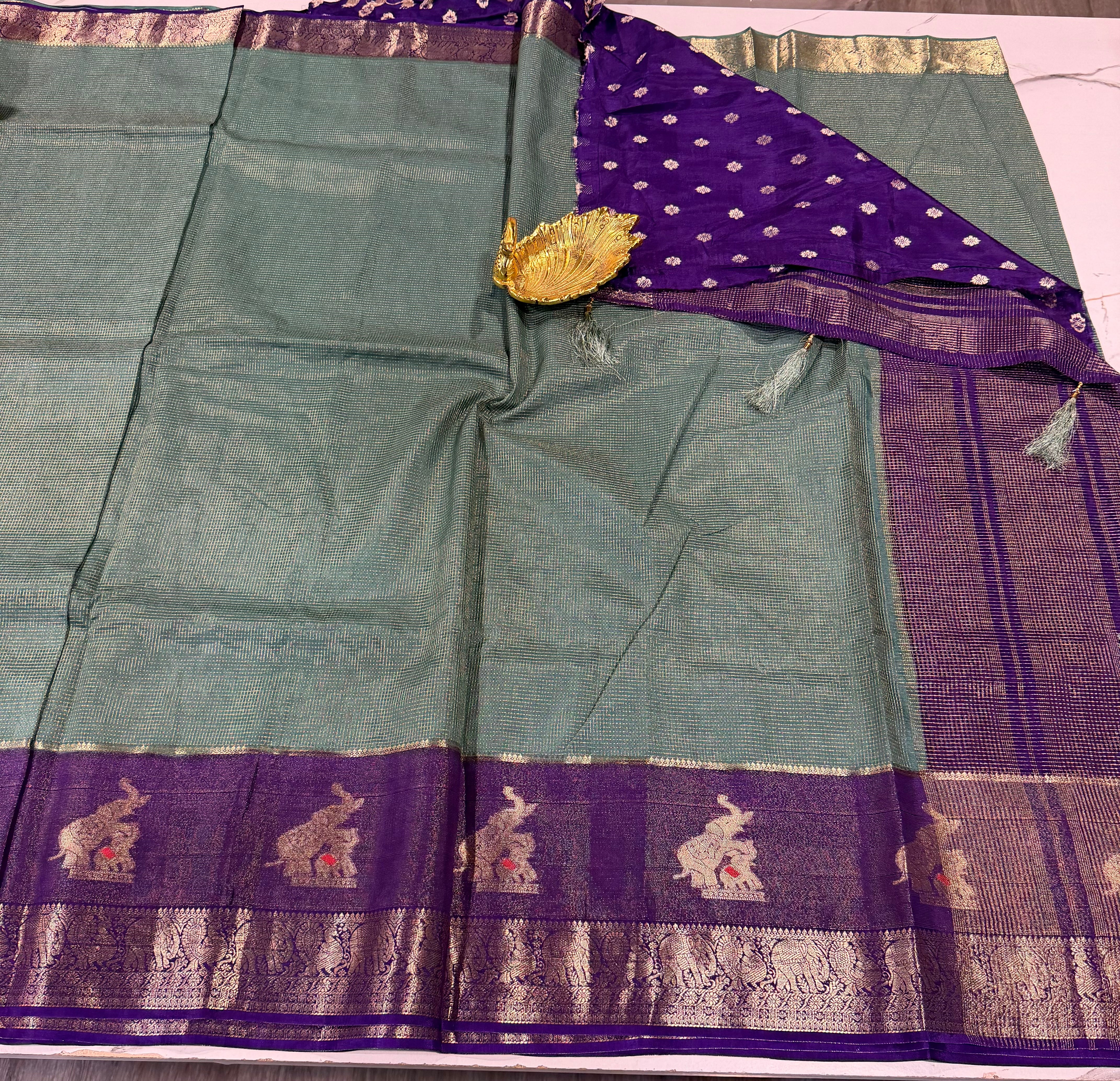 VS-27 sage green saree violetborders vintage Kanchi saree