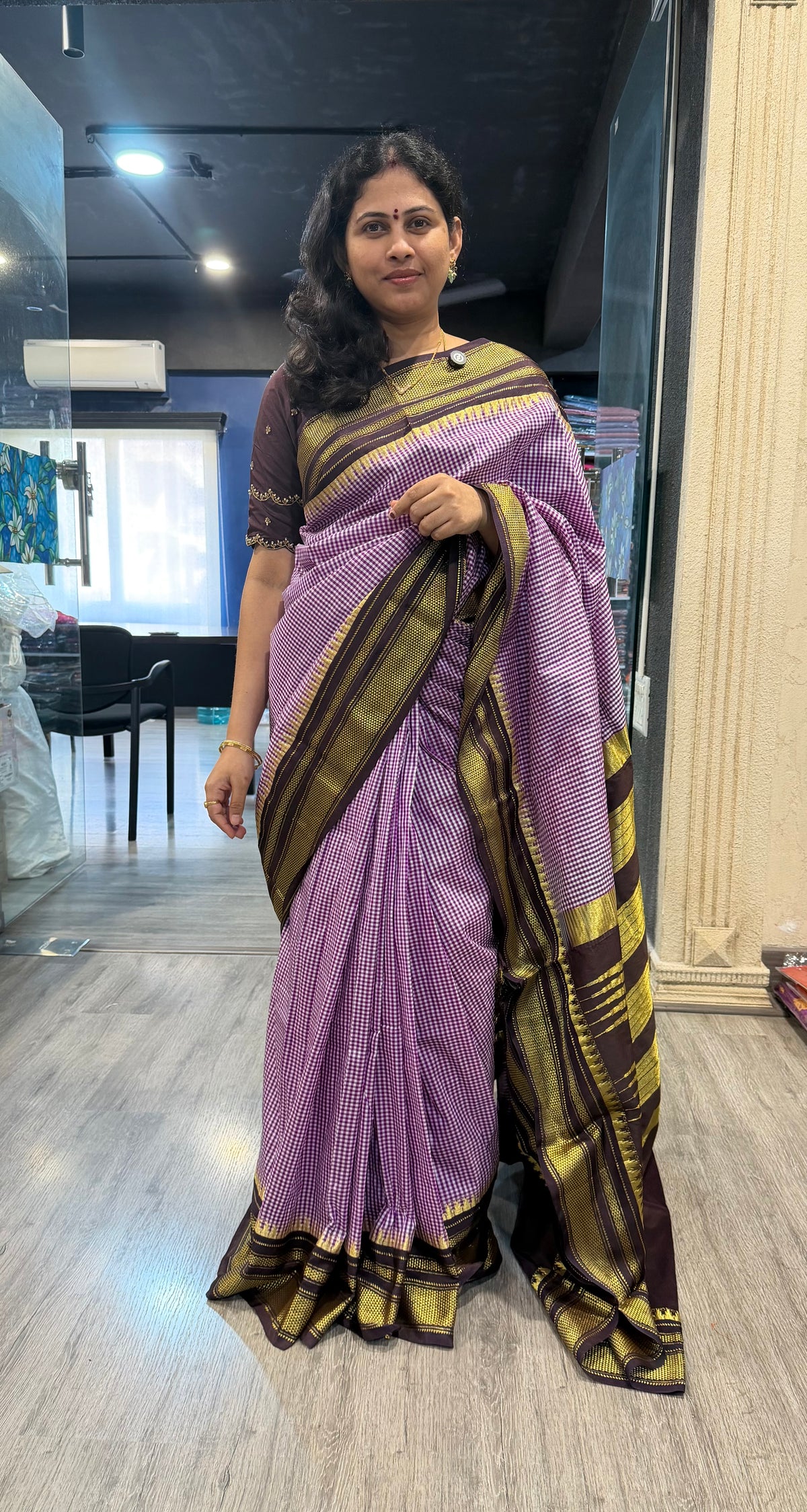 LD-N22 narayanapeta semi checks saree purple n brown colour border saree