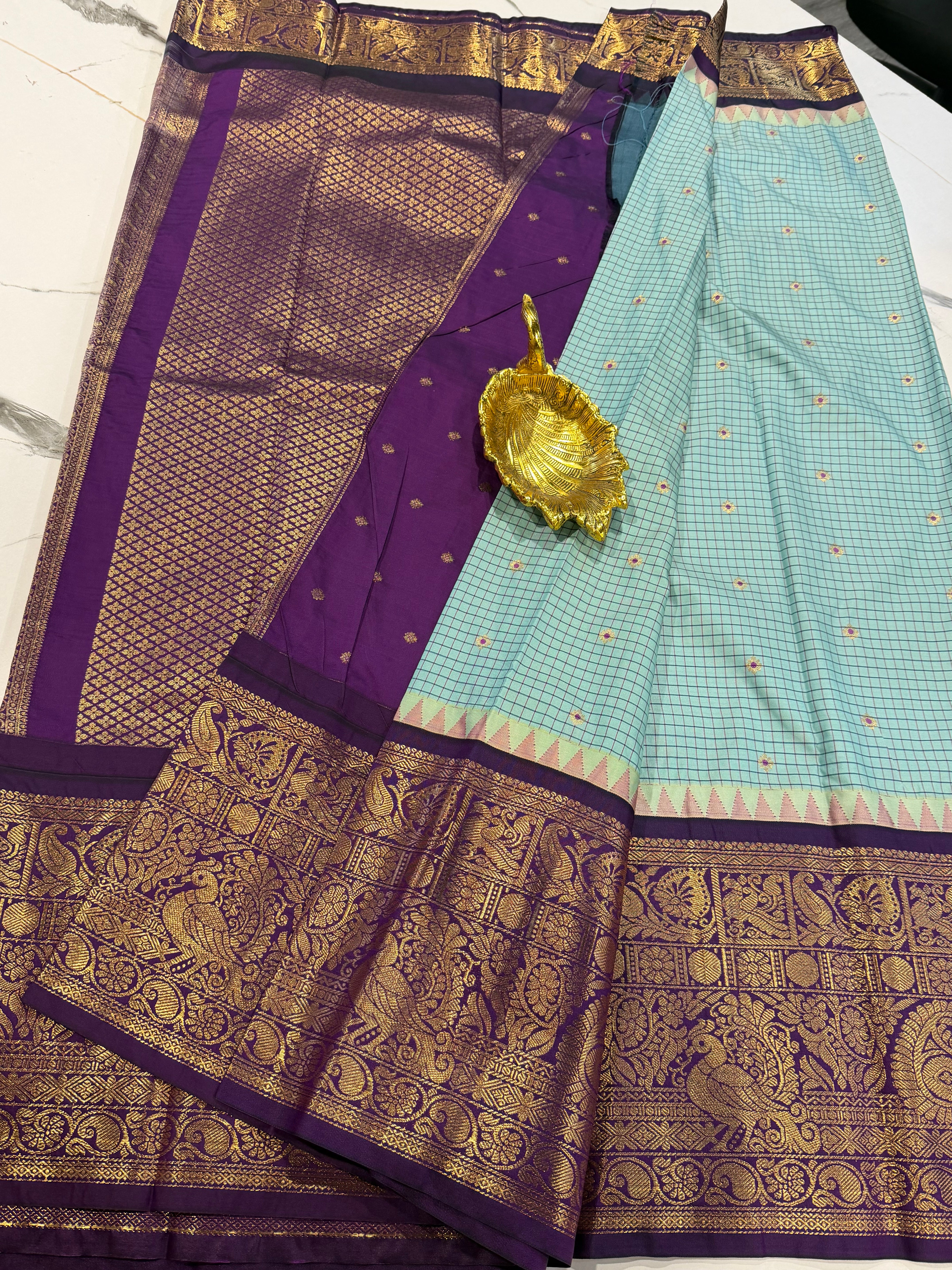 VG2 sea blue & purple semi Gadwal saree