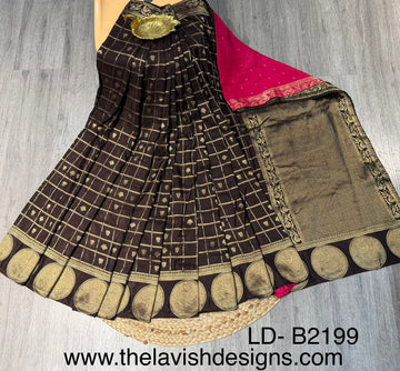 LD-B2199 Banaras crape sarees brown with checks and pink blouse