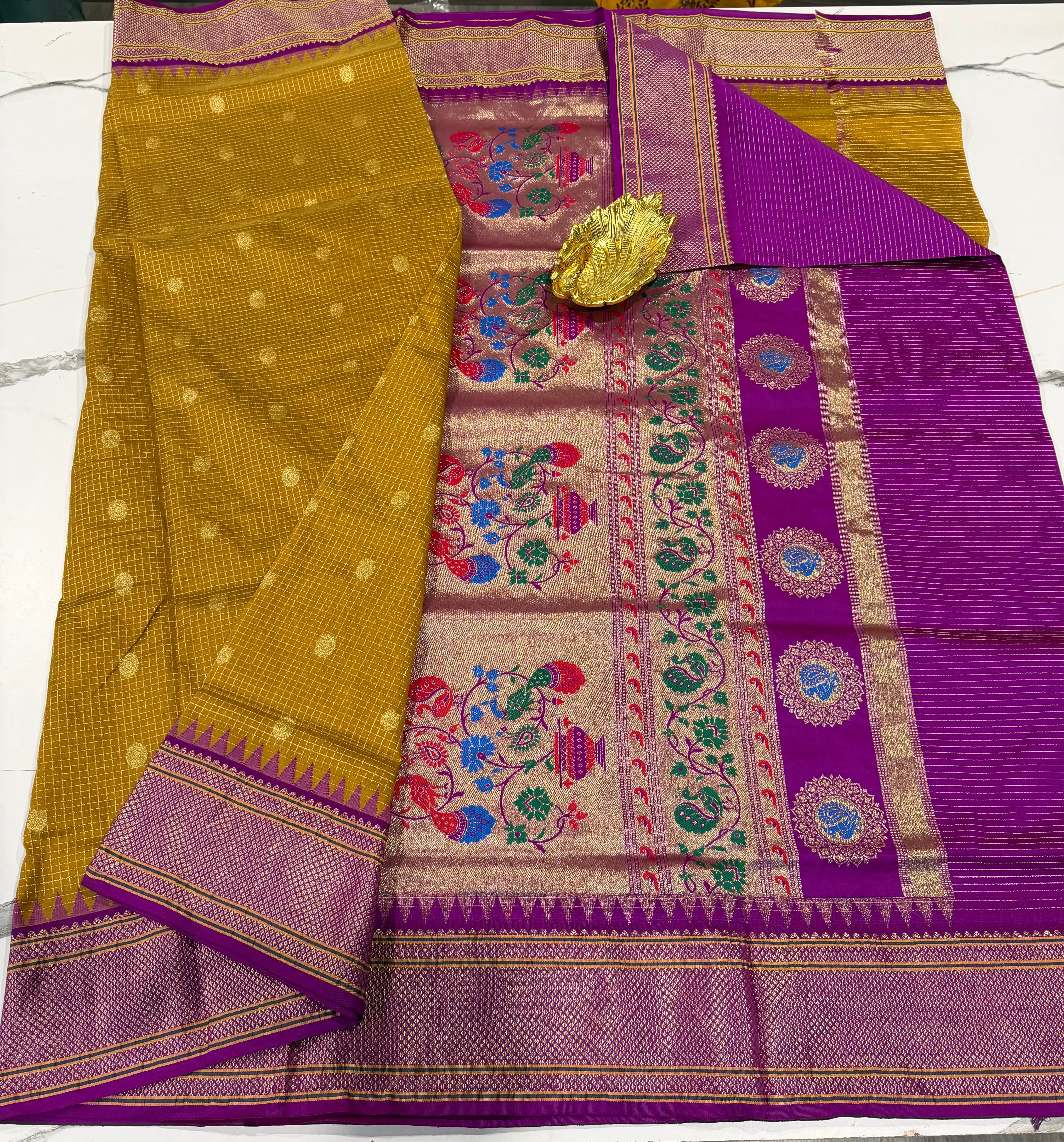 LD-NG25 dark mustard yellow and purple border saree