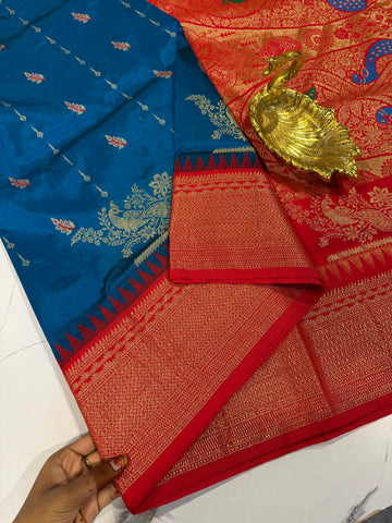 LD-NL35 semi narayanpet pattu krishna blue and red border saree