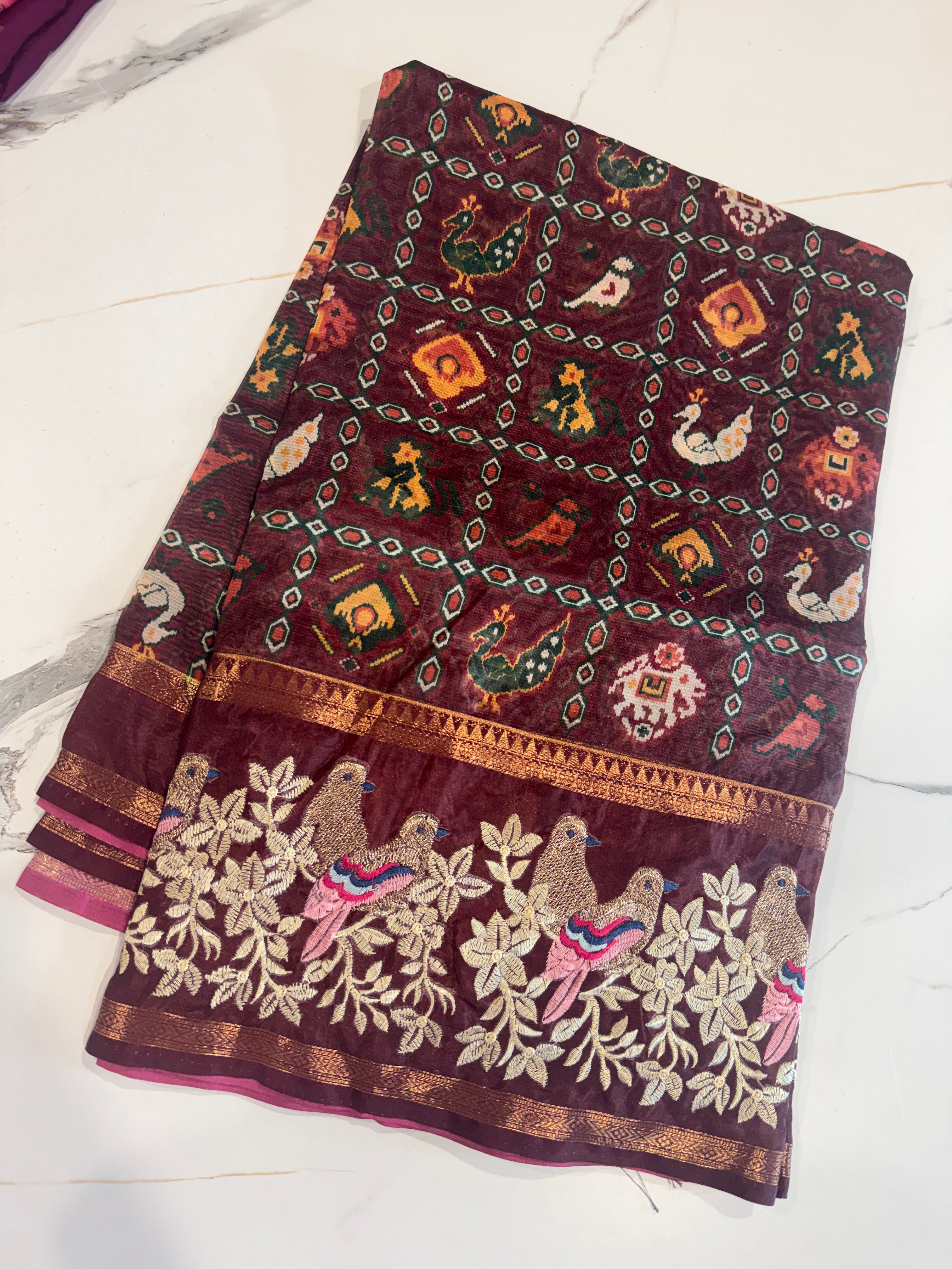 LD-P17 Brown kora patola petit point work saree