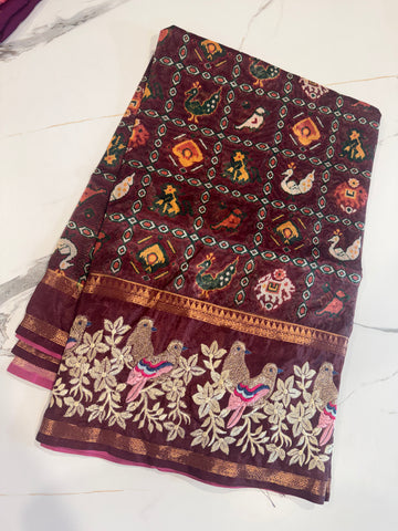 LD-P17 Brown kora patola petit point work saree