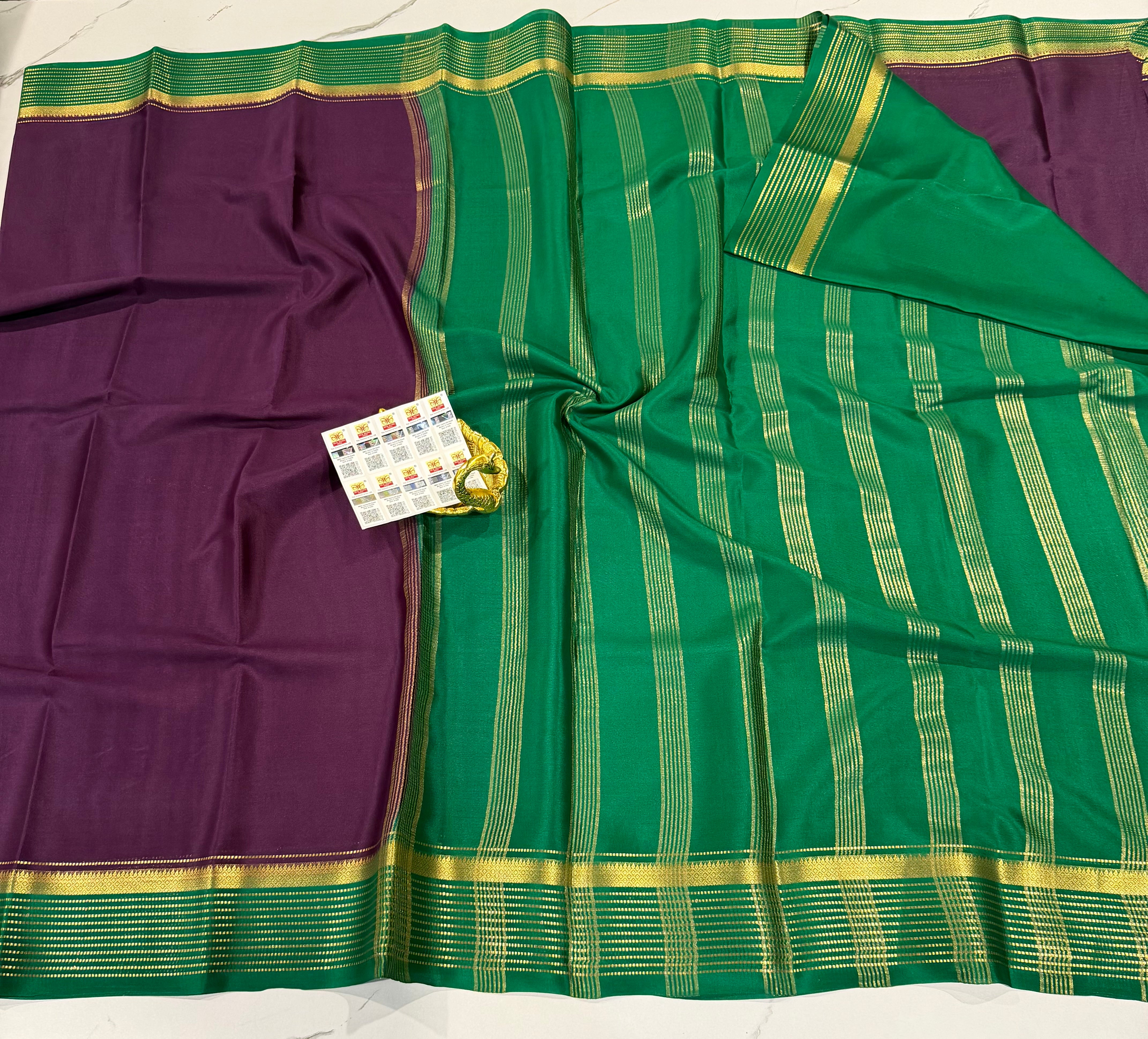 PM-5700 Wine and Sea green colour border Mysore crepe silk saree