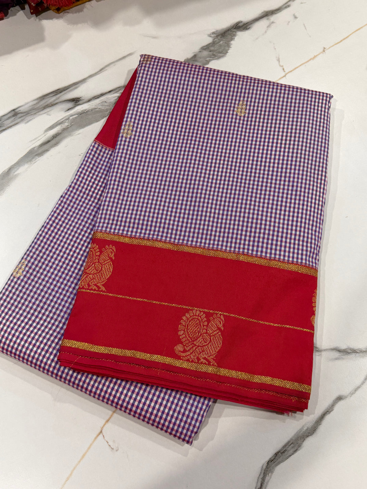 N-2499  blue n white , red borders Narayanpet ilkal checks saree