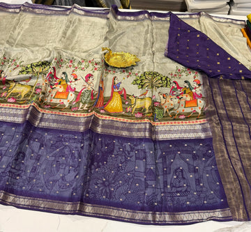 MC3299-grey and blue - Mysore crepe semi - story telling concept