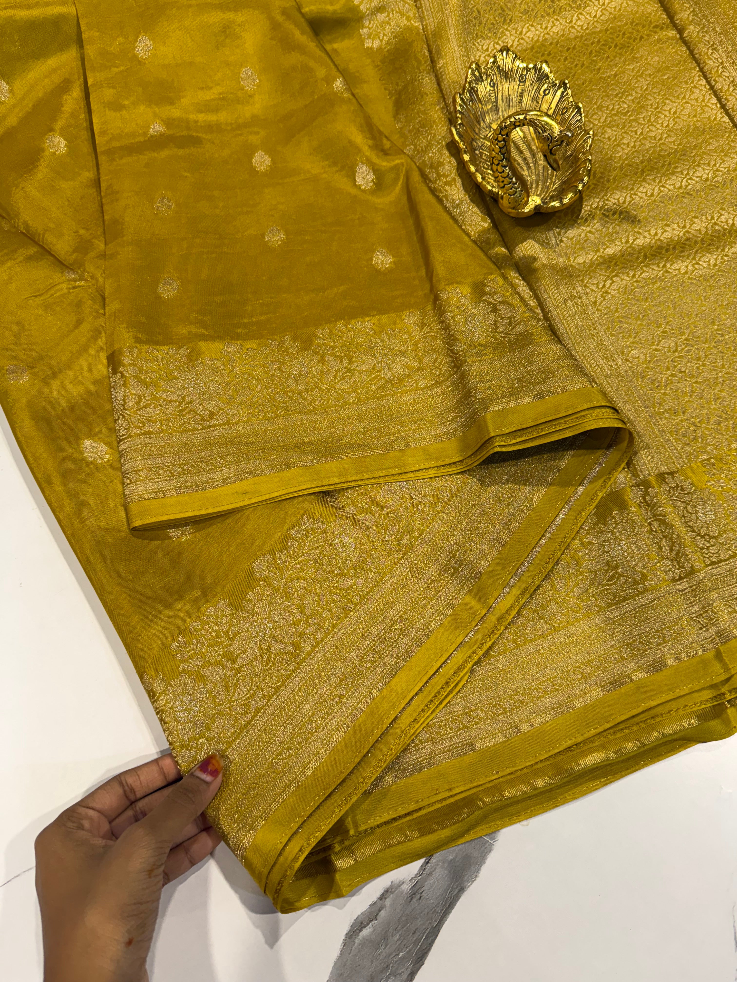 Gm-3950 banaras green mango  Mustard yellow color saree