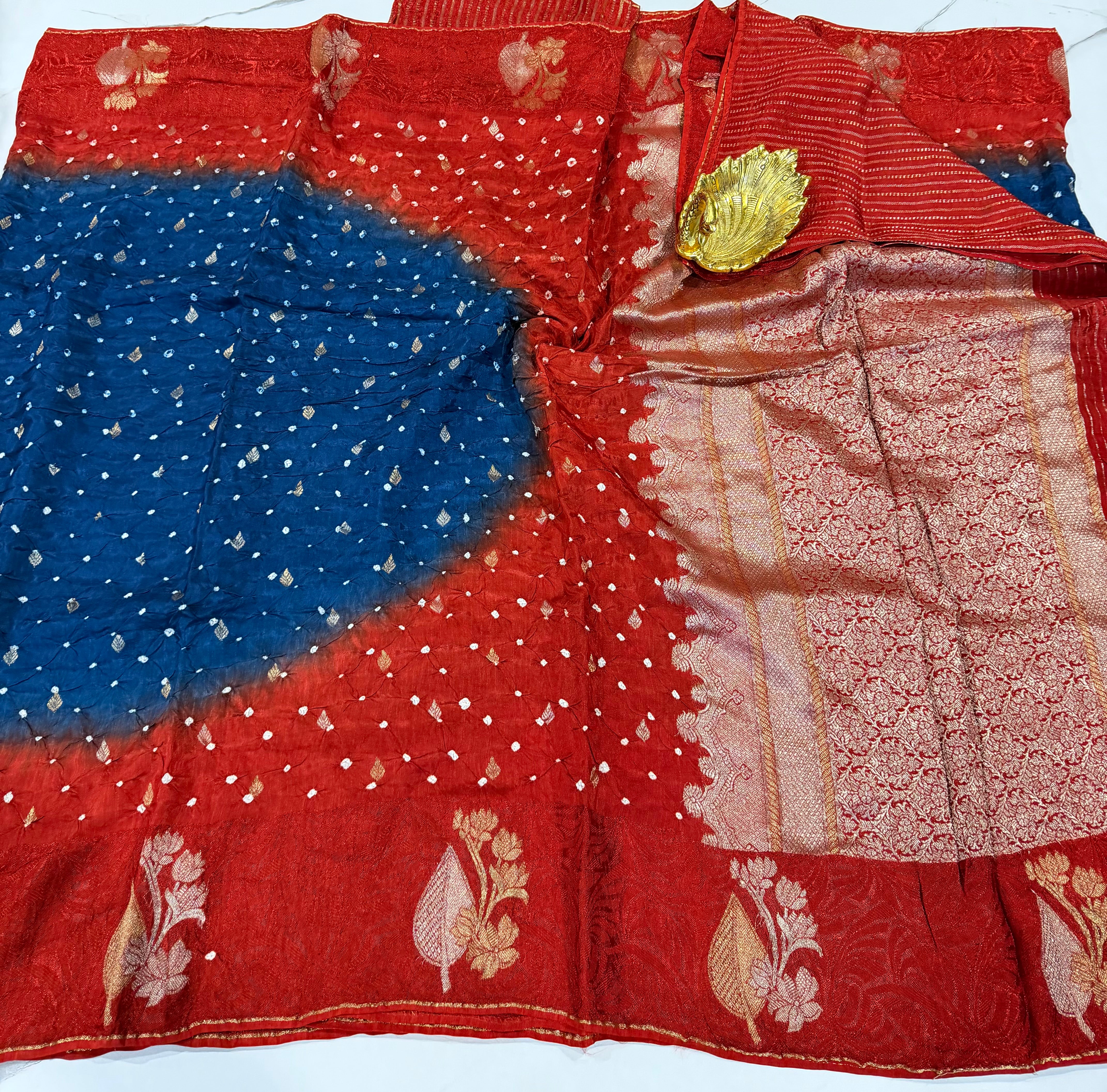 BN-3750 peacock blue n Red bandini saree