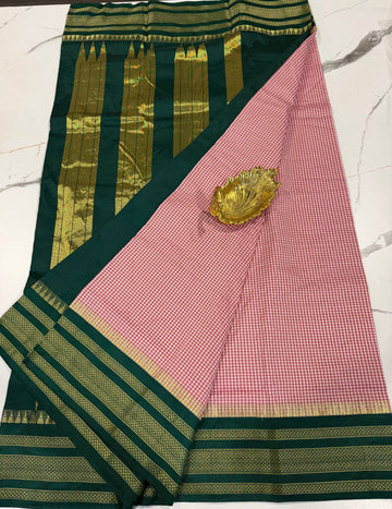 LD-N22 narayanapeta semi checks saree peachish pink n green border saree