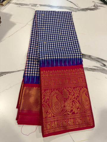 SGC-2500 Madras checks gadwal Dark blue & pink border saree