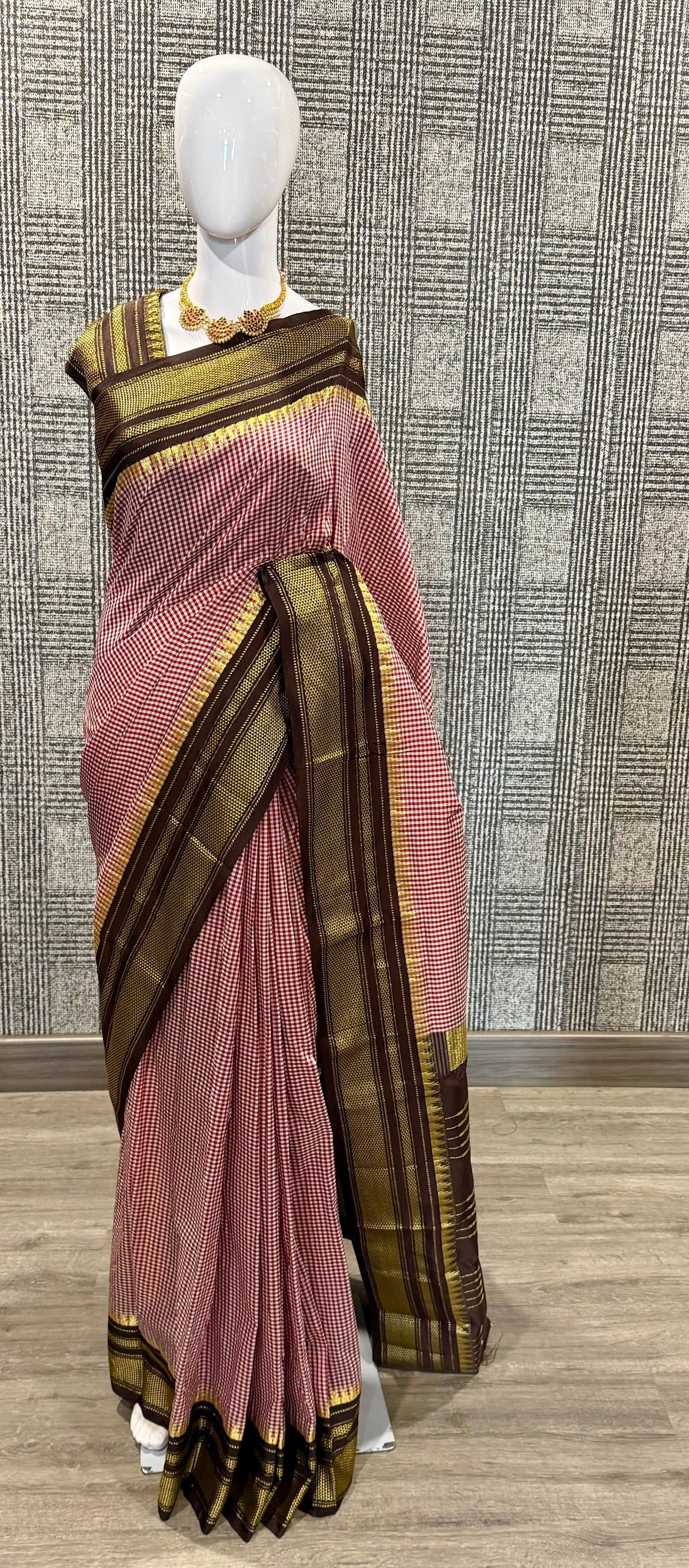 Nc-23 Red n white checks brown borders Narayanpet ilkal checks saree