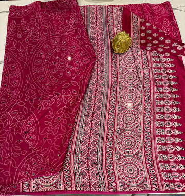 AM-950 pink Ajrak mirrors saree