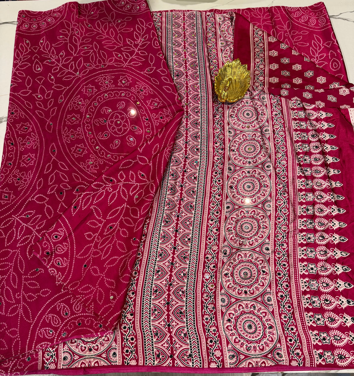 AM-950 pink Ajrak mirrors saree