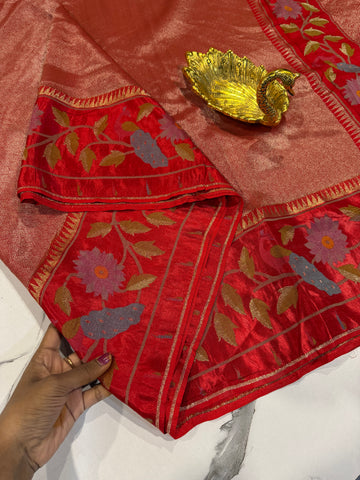 KT-53 Red colour kanchi tissue paithani borders saree