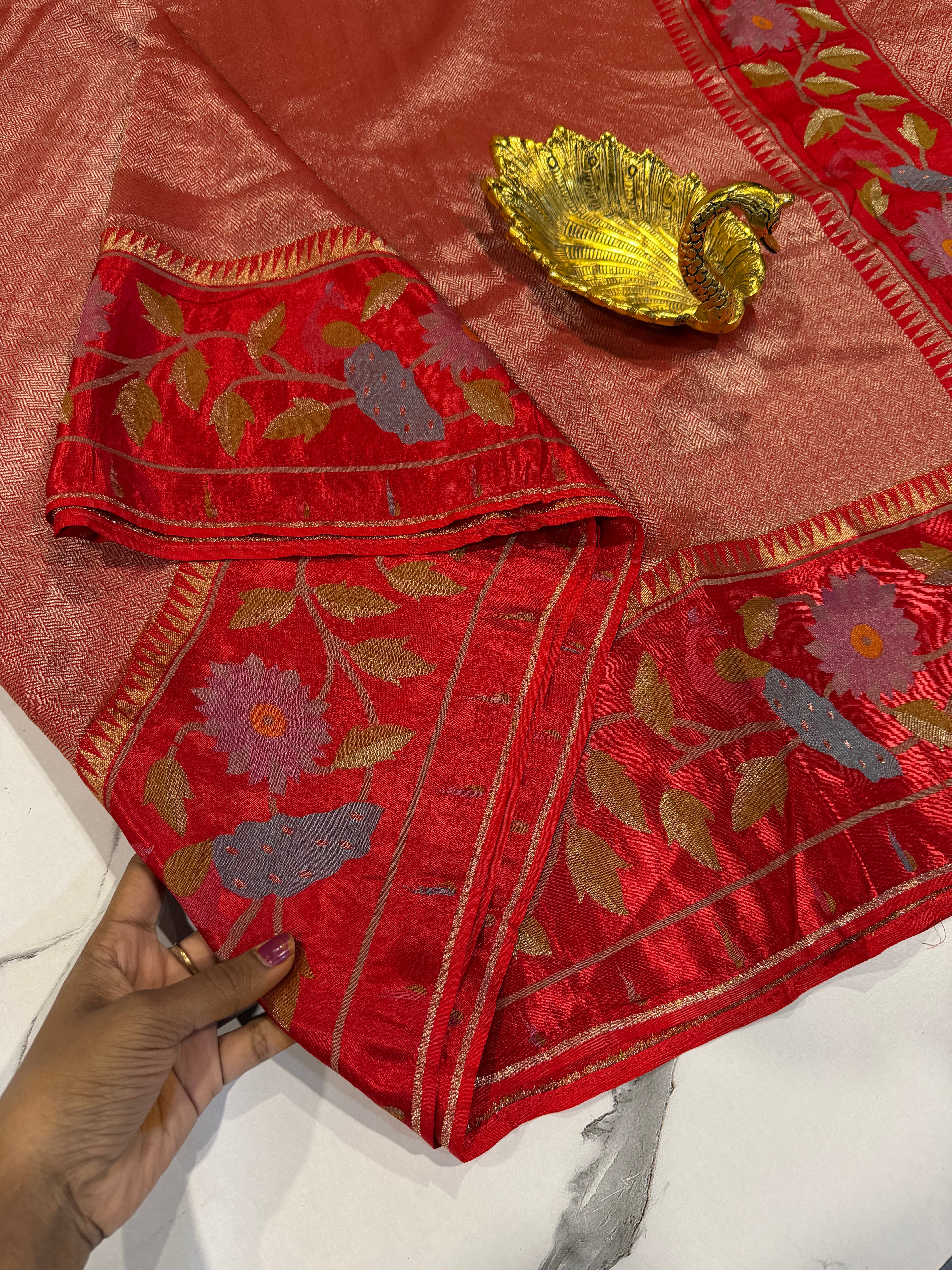 KT-53 Red colour kanchi tissue paithani borders saree