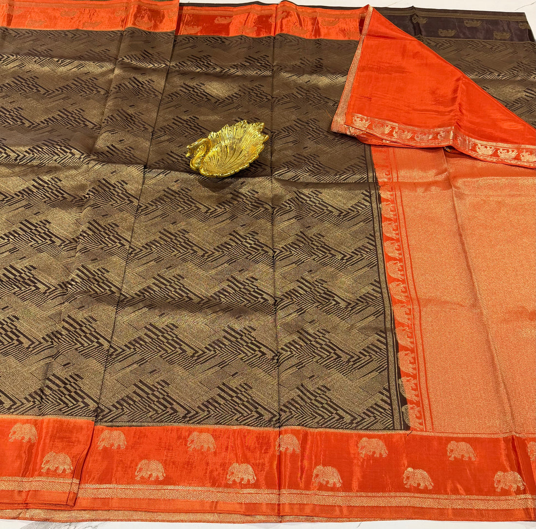 KW-2549  chocolate brown n orange border saree Kanchi green mango
