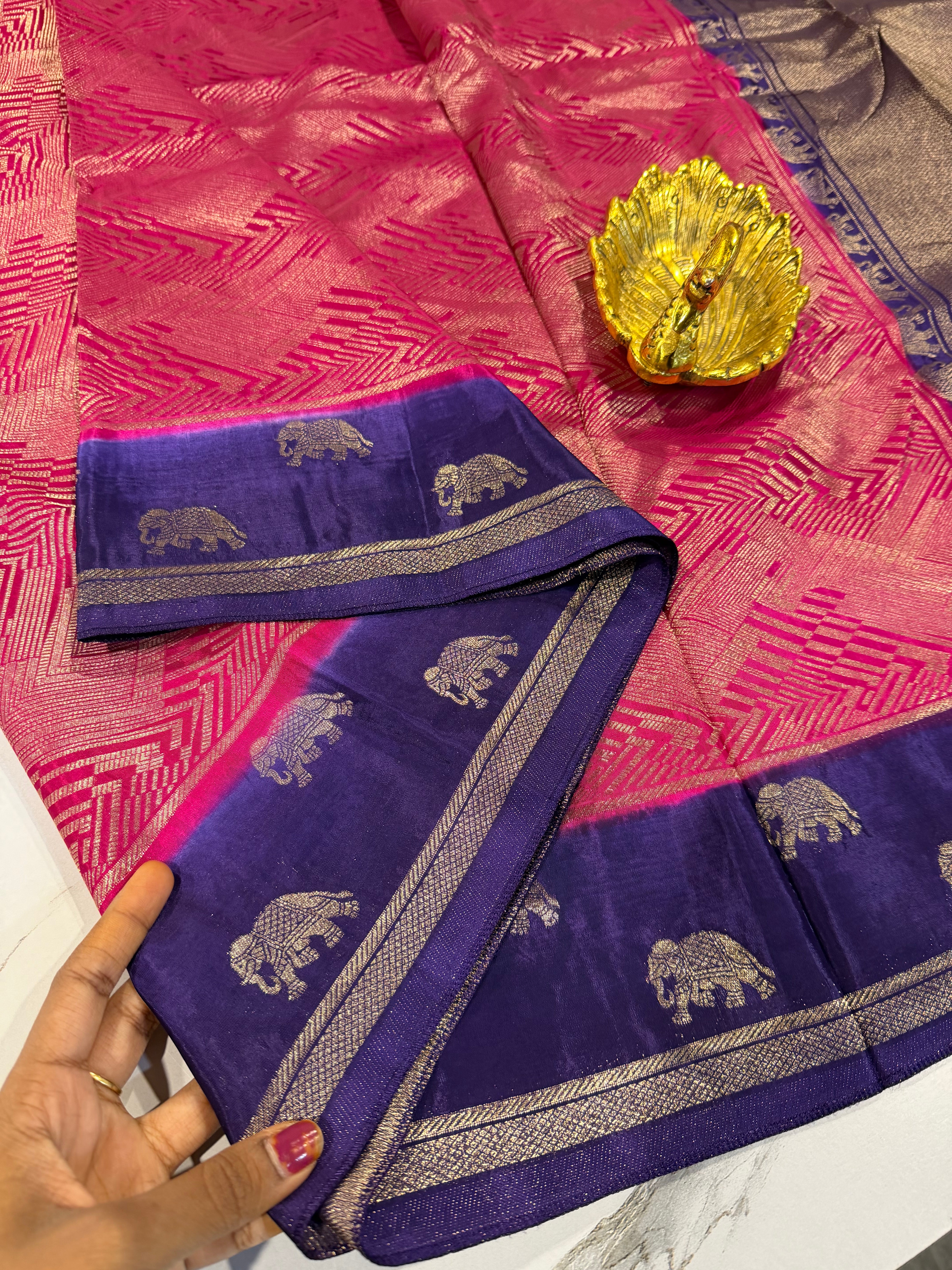 KW-2549  pink n violet border saree Kanchi green mango