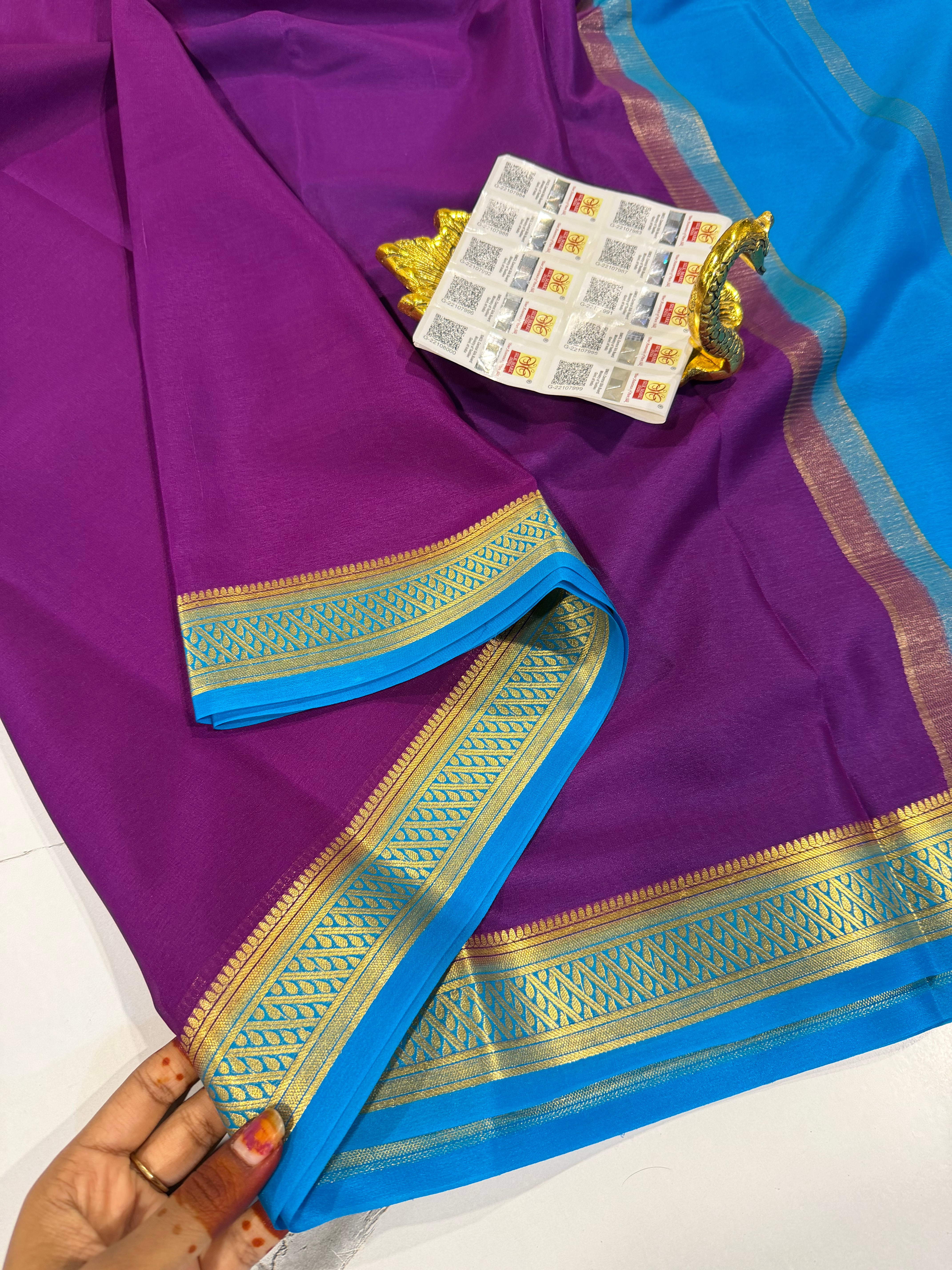 PM- 5700 purple and krishna blue border Mysore crepe silk saree