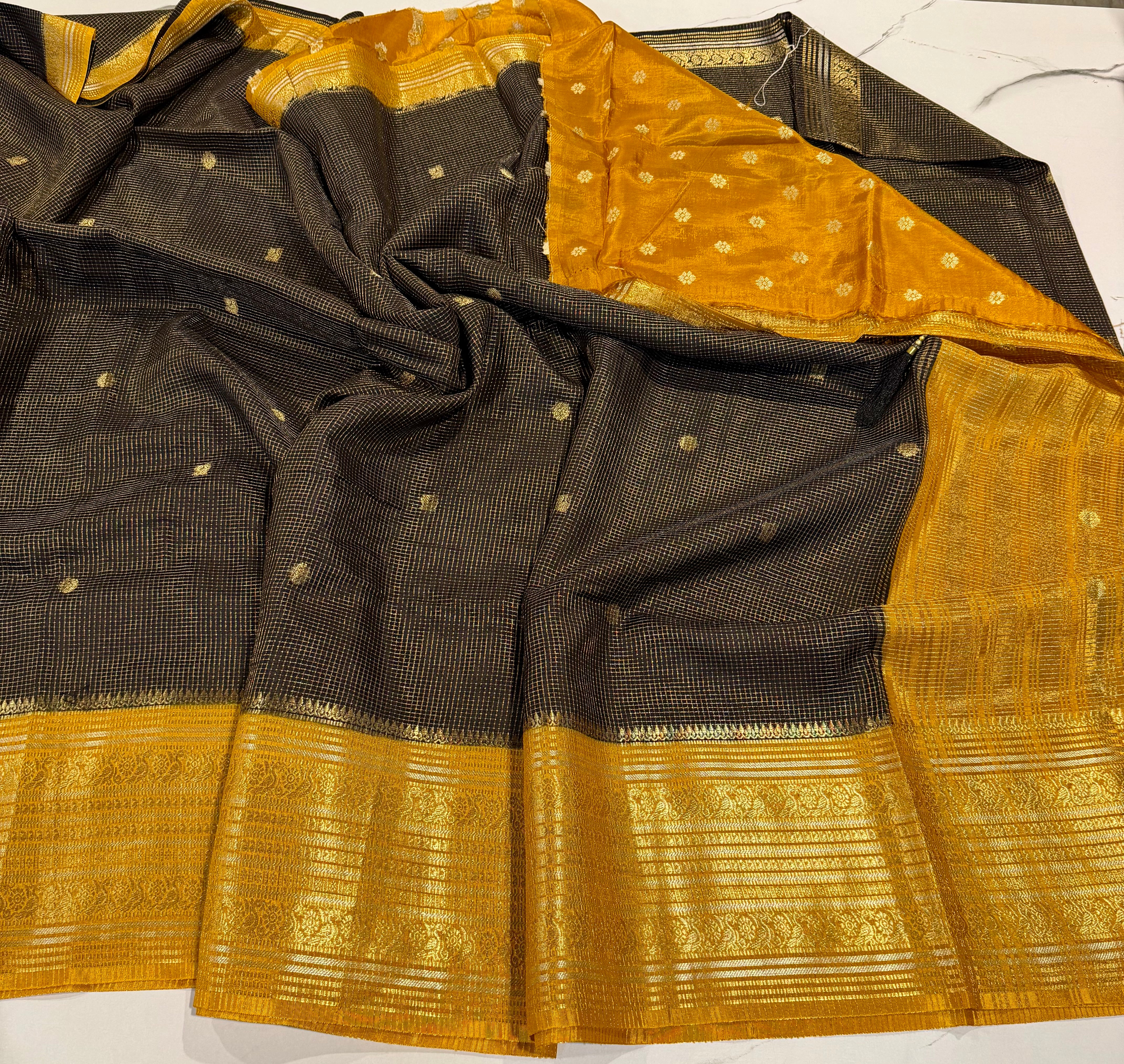 VKC2149BB- Black n Mustered Kanchi Brdr saree