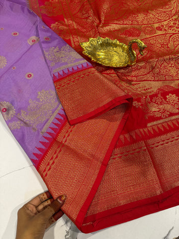 SN-35 Semi narayanpet Lavender and red border saree