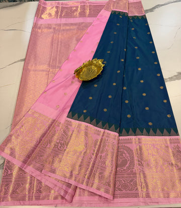 LD-G23 Gadwal peacock blue n baby pink saree