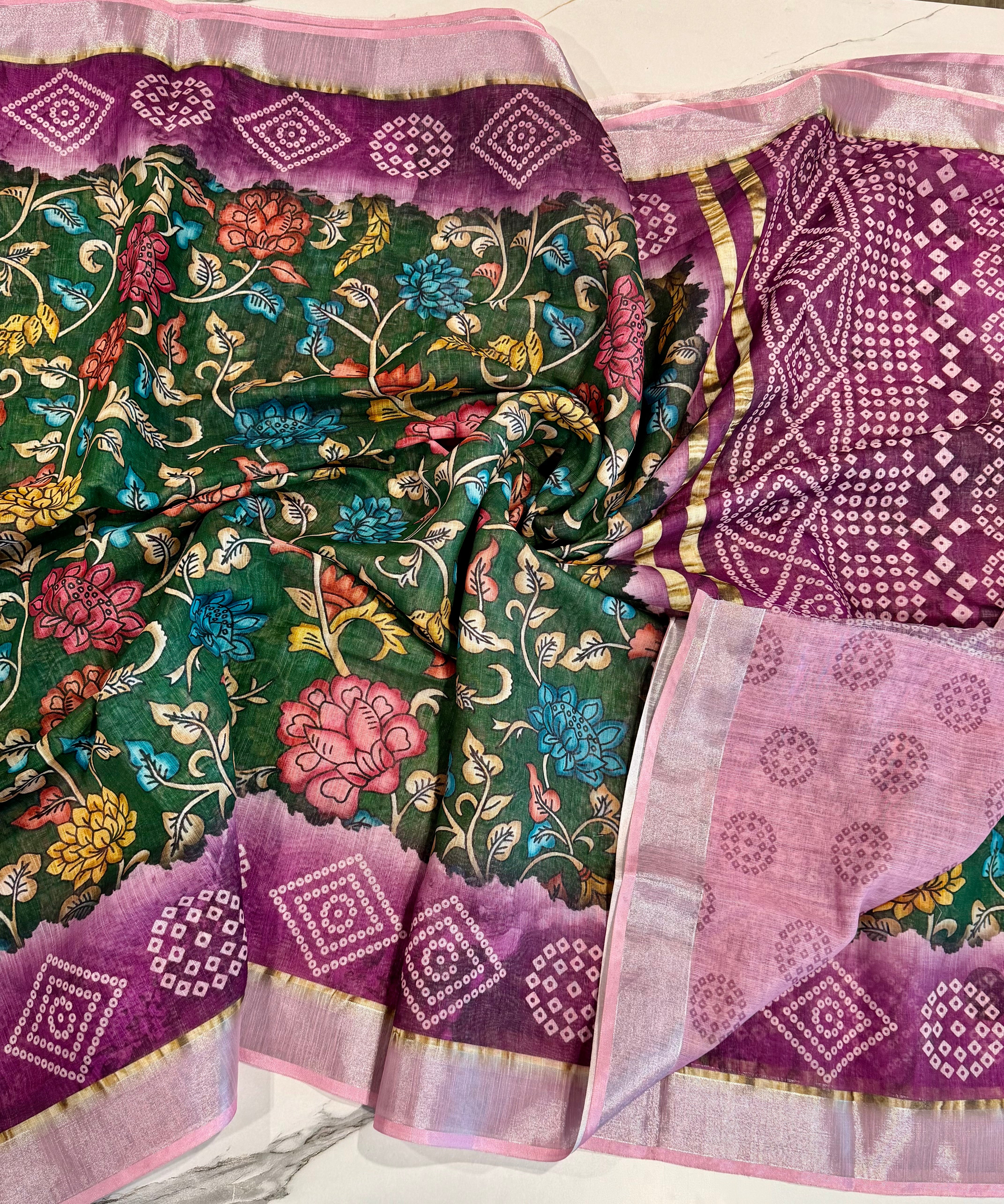 LD-L3 Linen prints green n magenta saree