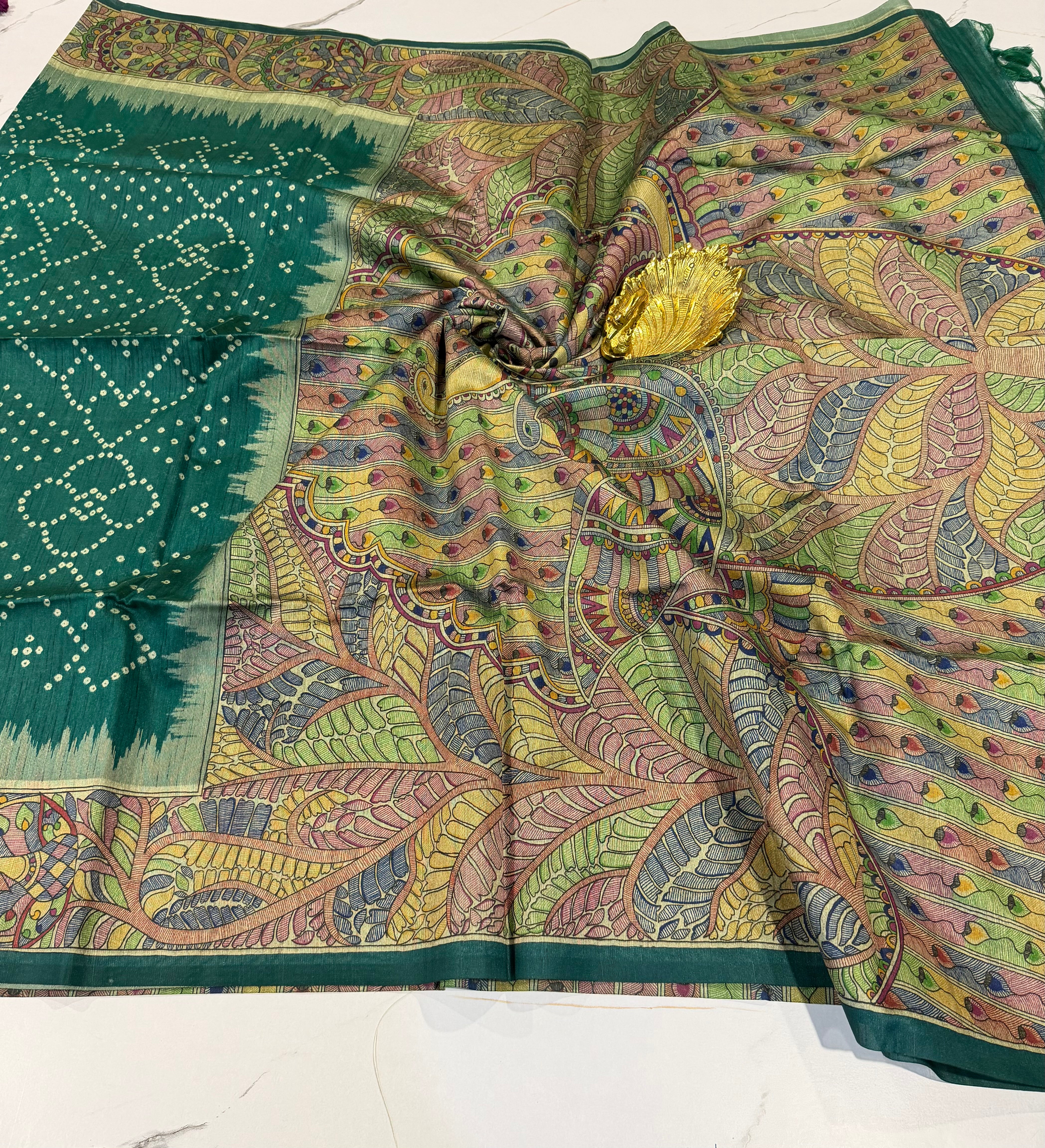 TM-9 Green saree Tussar Bhandij