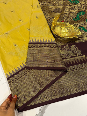 LD-NL35 semi narayanpet pattu mustard yellow and brown border saree