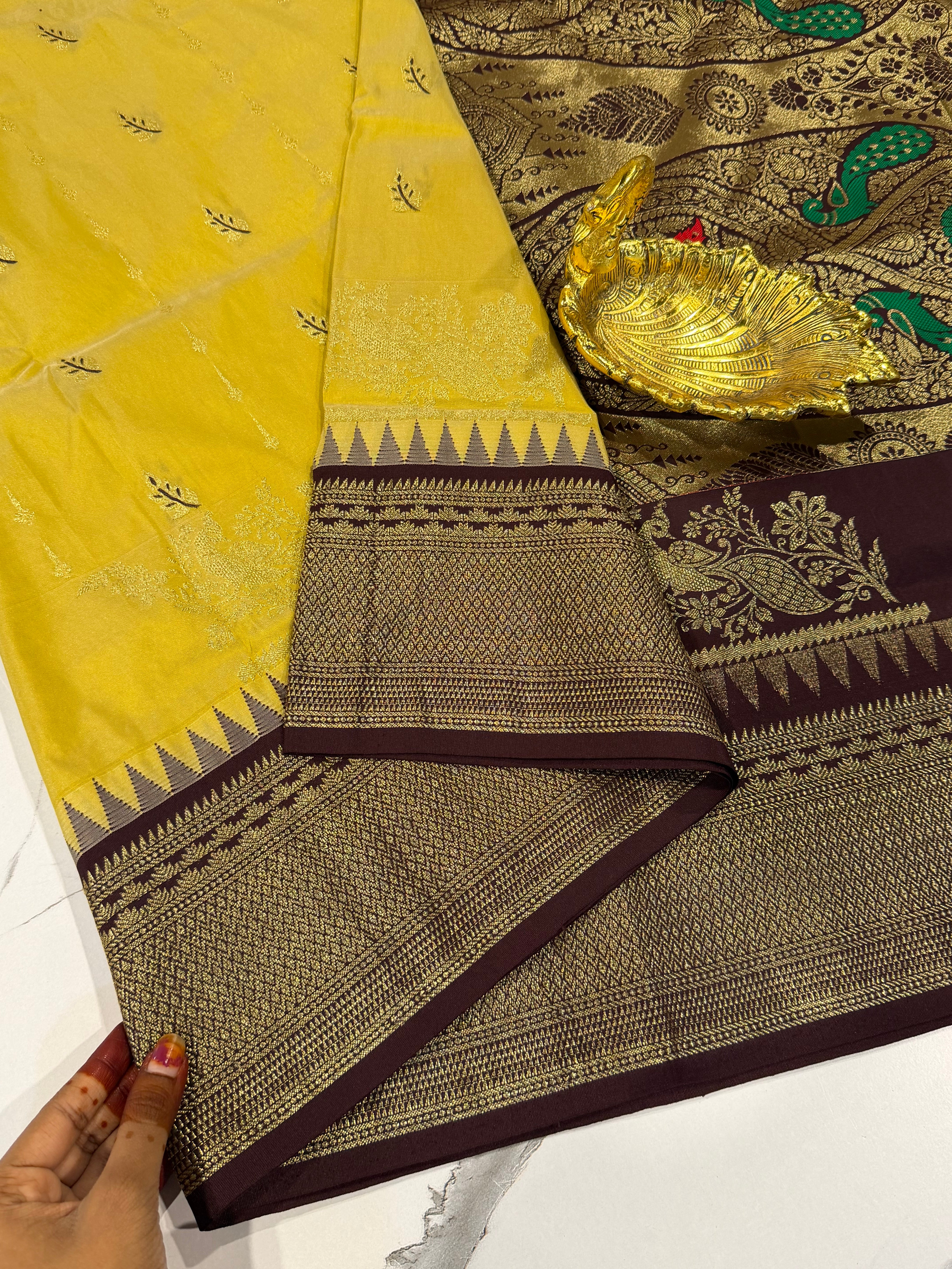 LD-NL35 semi narayanpet pattu mustard yellow and brown border saree
