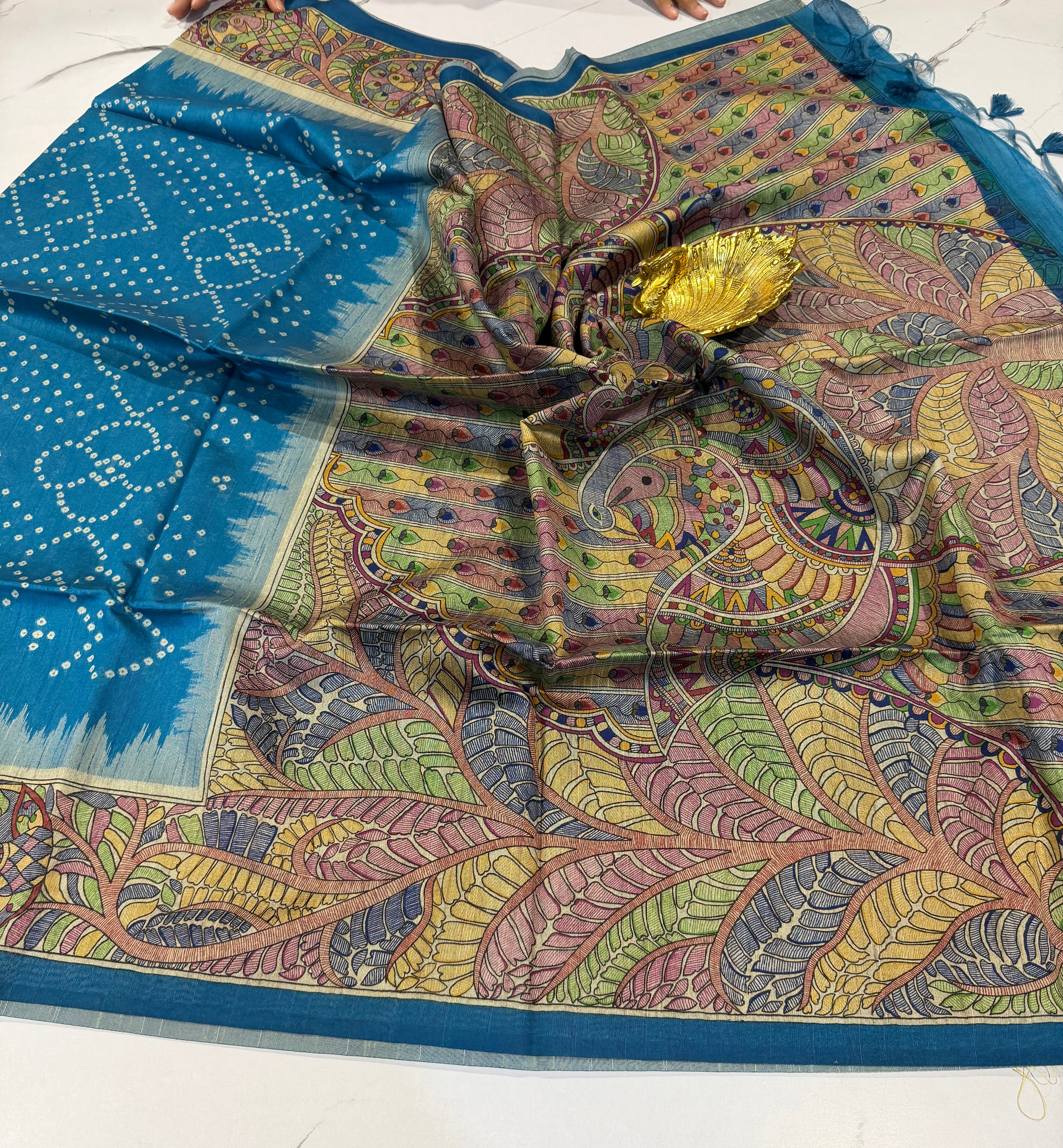 TM-9 Krishna blue  saree Tussar Bhandij