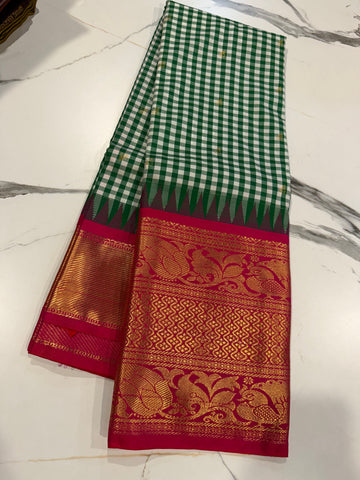 SGC-2500 Madras checks gadwal Green & pink border saree
