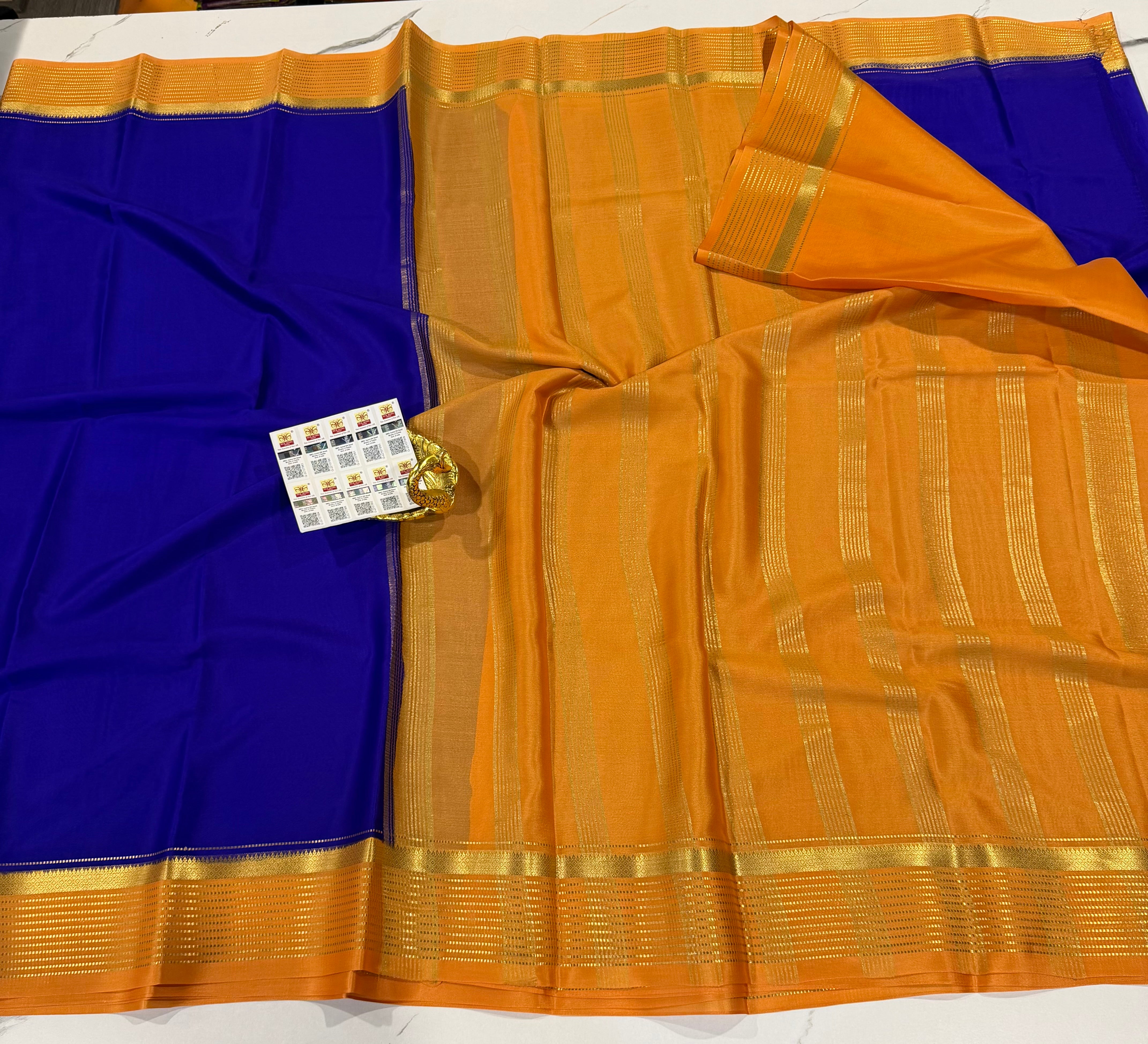 PM-5700 Dark blue and Peach colour border Mysore crepe silk saree