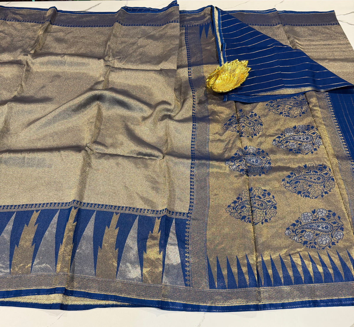 TT-45 Navi Blue colour Temple tissue saree