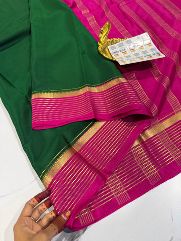 PM-5700 Dark Green and pink  colour border pure Mysore crepe silk saree