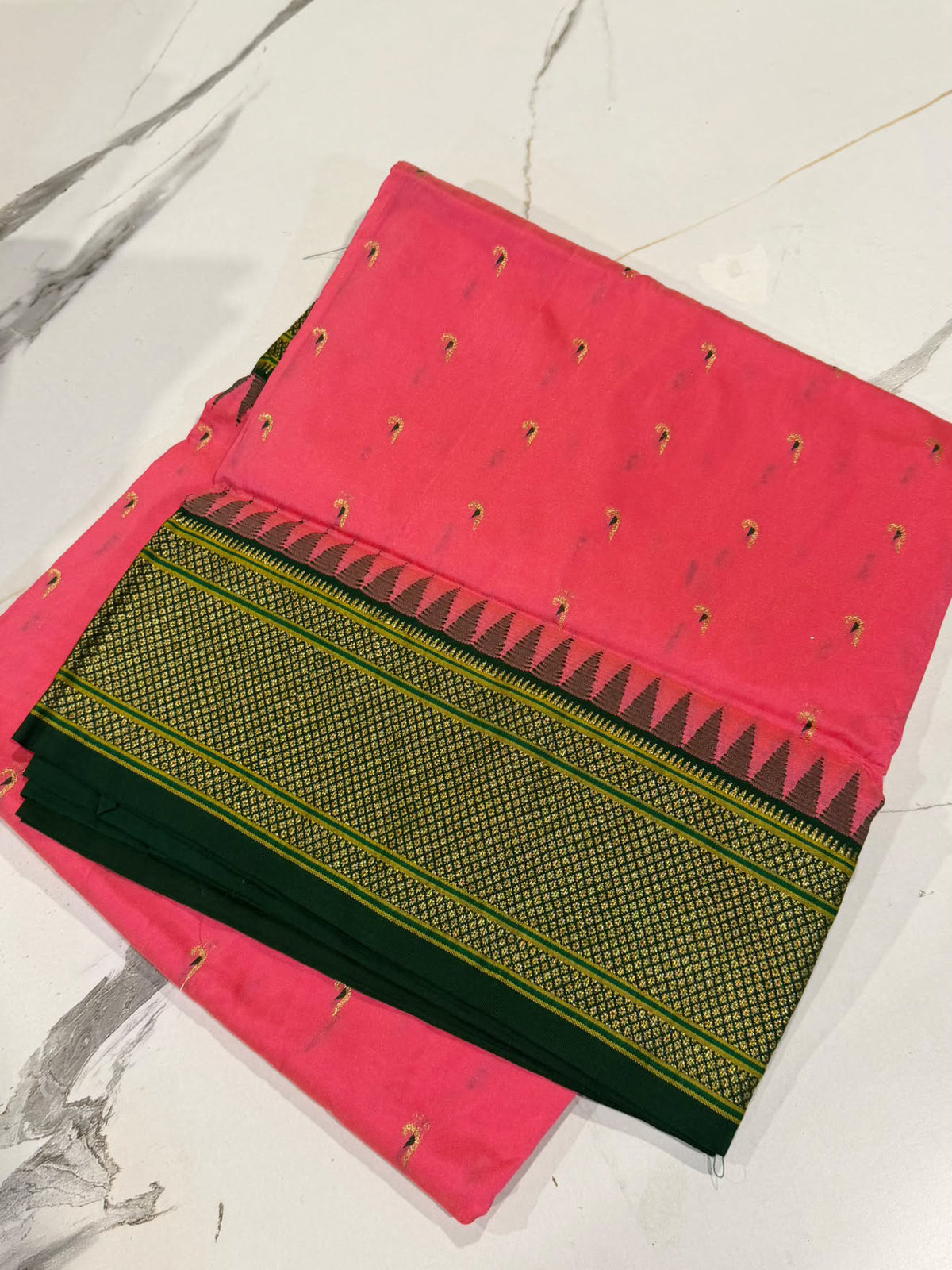LD-N9 narayanapeta semi Pattu  Baby pink and green border muniya butta saree