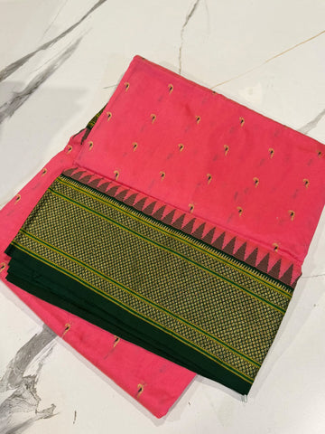 LD-N9 narayanapeta semi Pattu  Baby pink and green border muniya butta saree